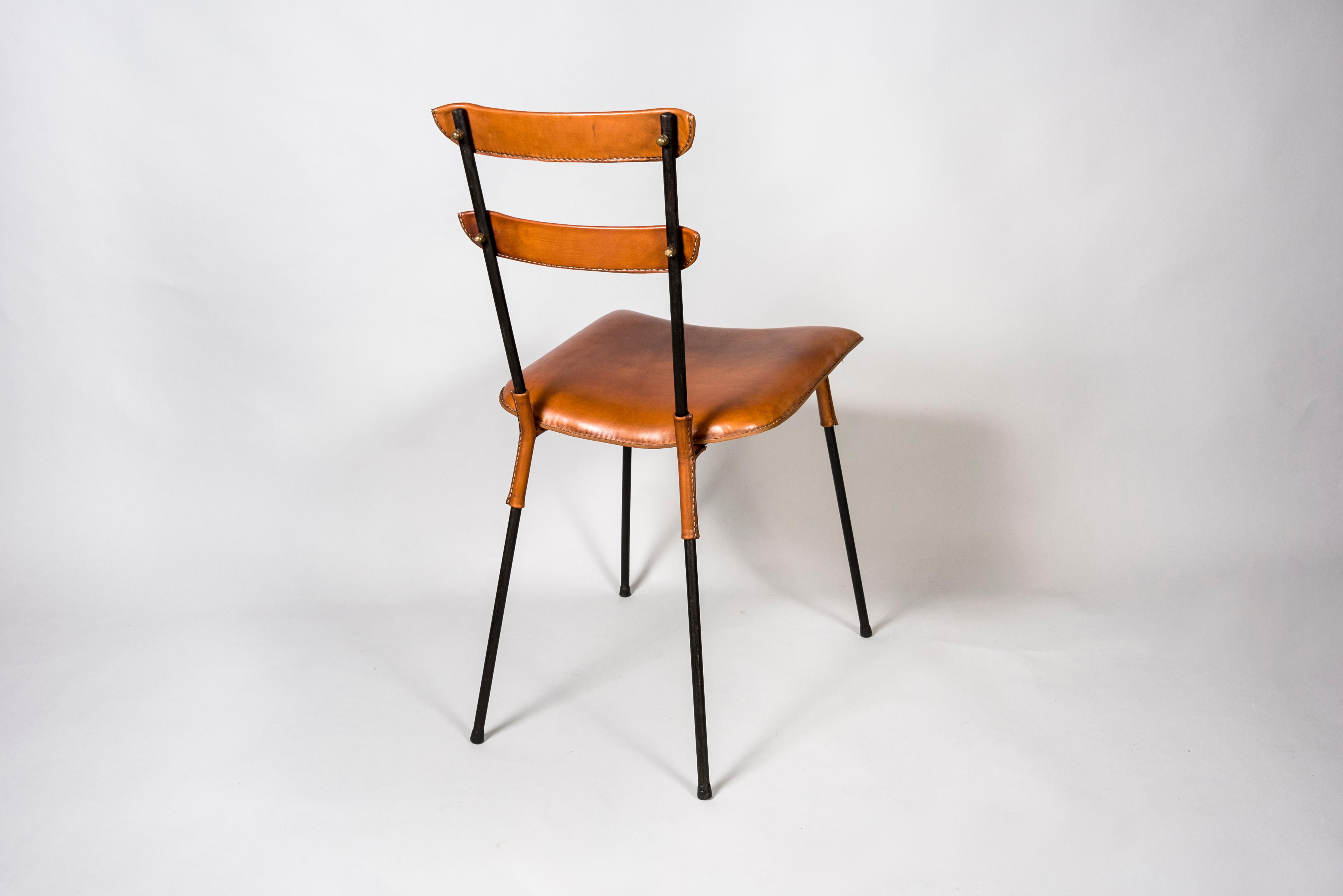 1950's Stitched Leather Chairs by Jacques Adnet For Sale 1