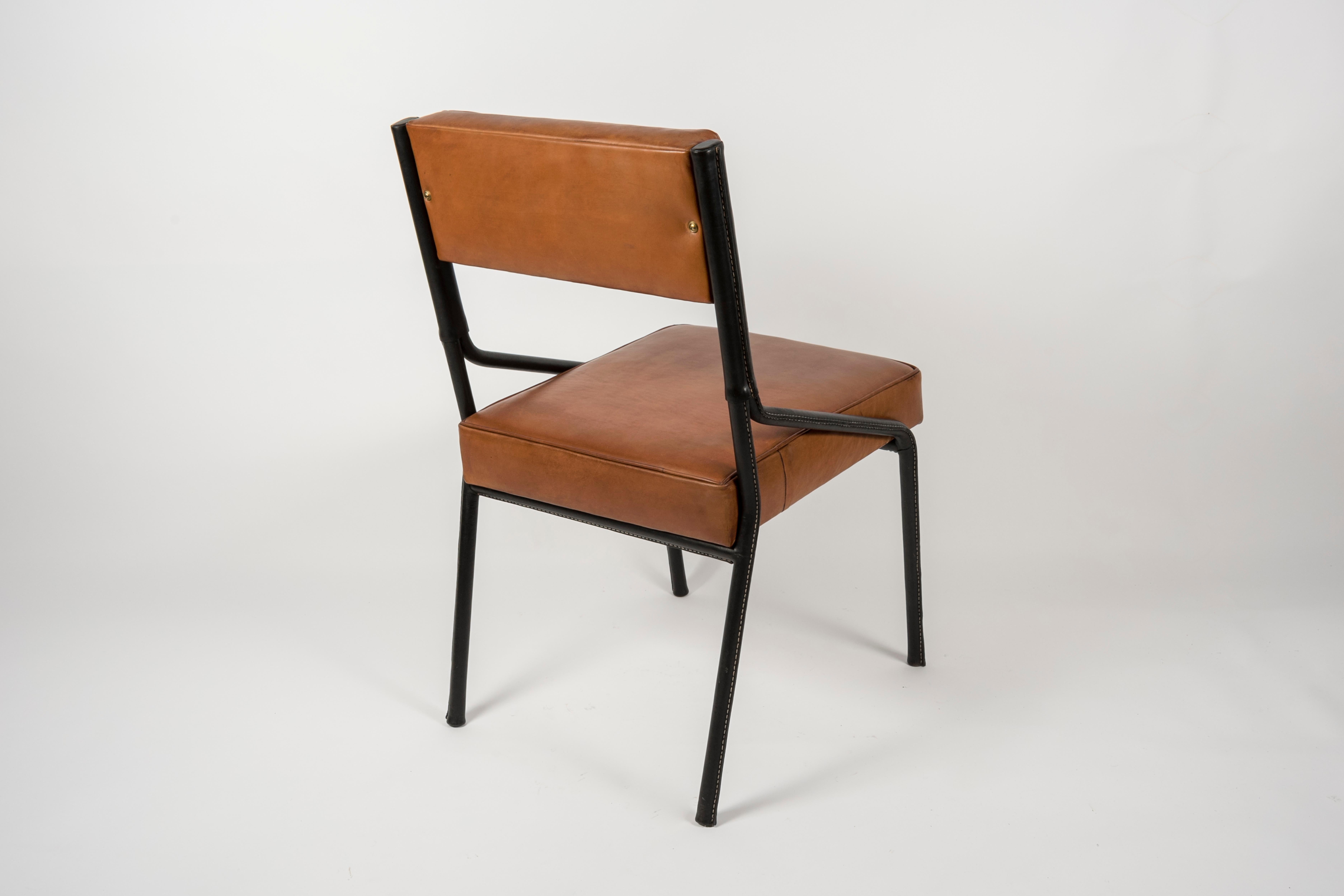 1950's Stitched Leather Chairs by Jacques Adnet 1
