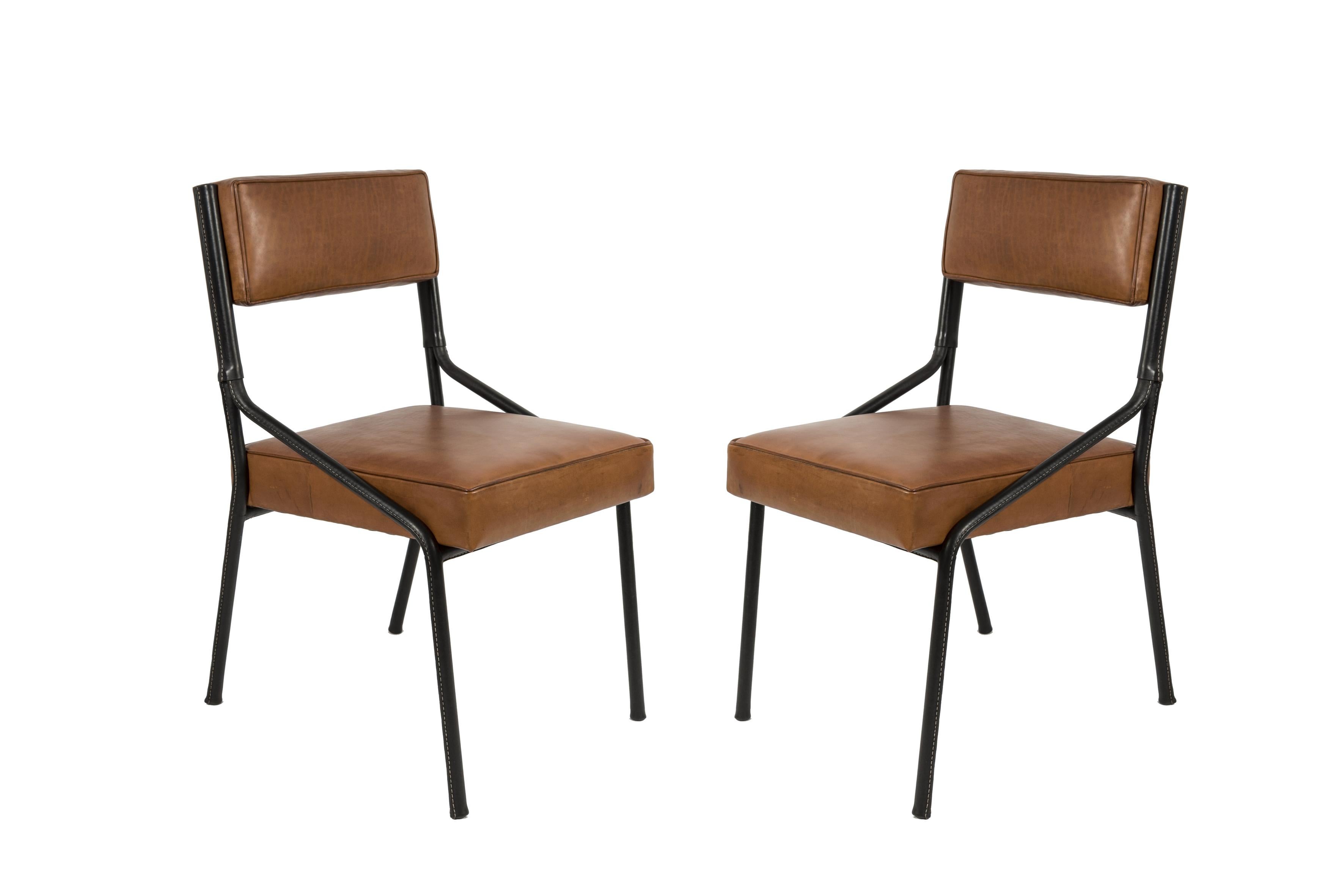 1950's Stitched Leather Chairs by Jacques Adnet 2