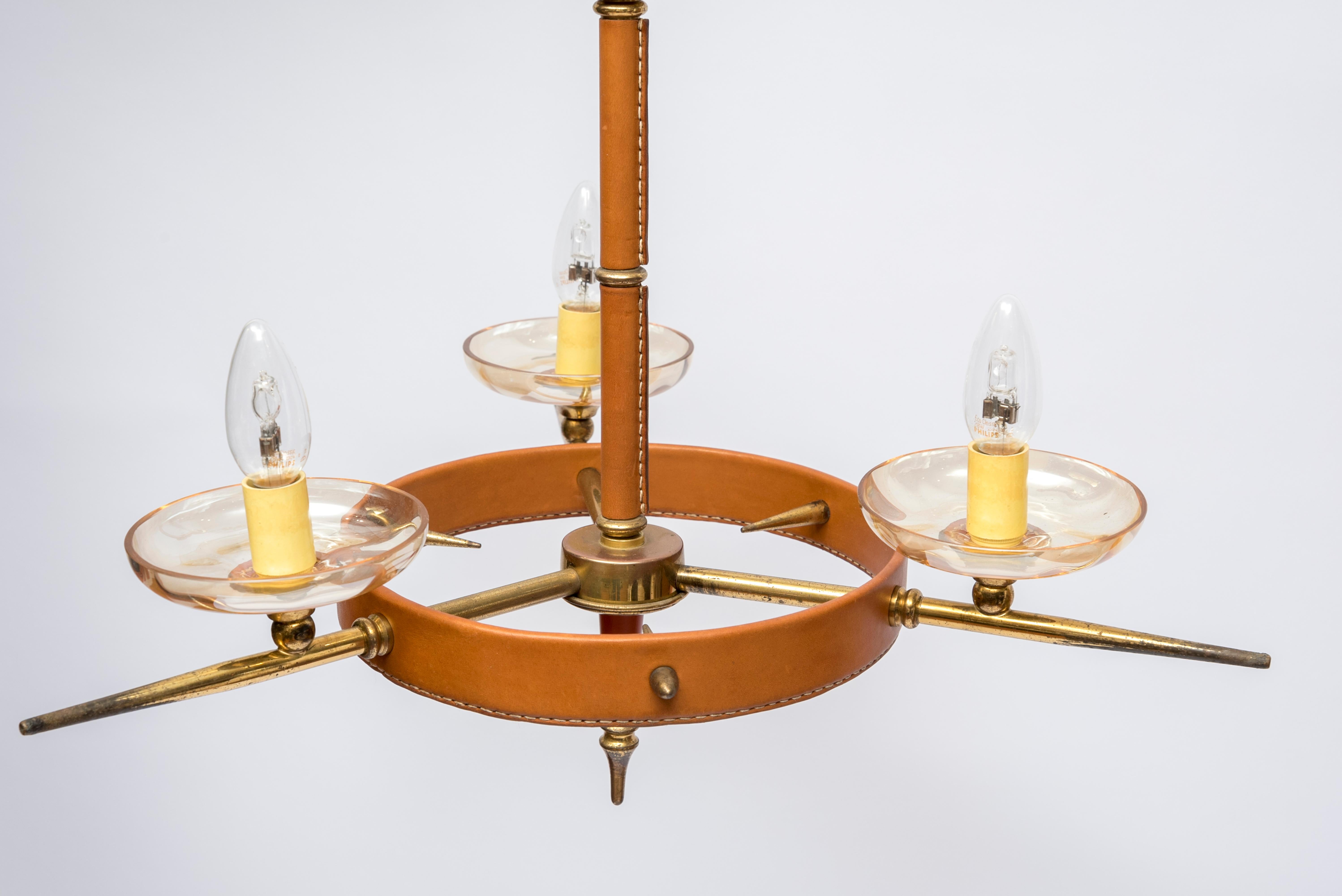 1950s Stitched Leather Chandelier by Jacques Adnet In Fair Condition For Sale In Bois-Colombes, FR