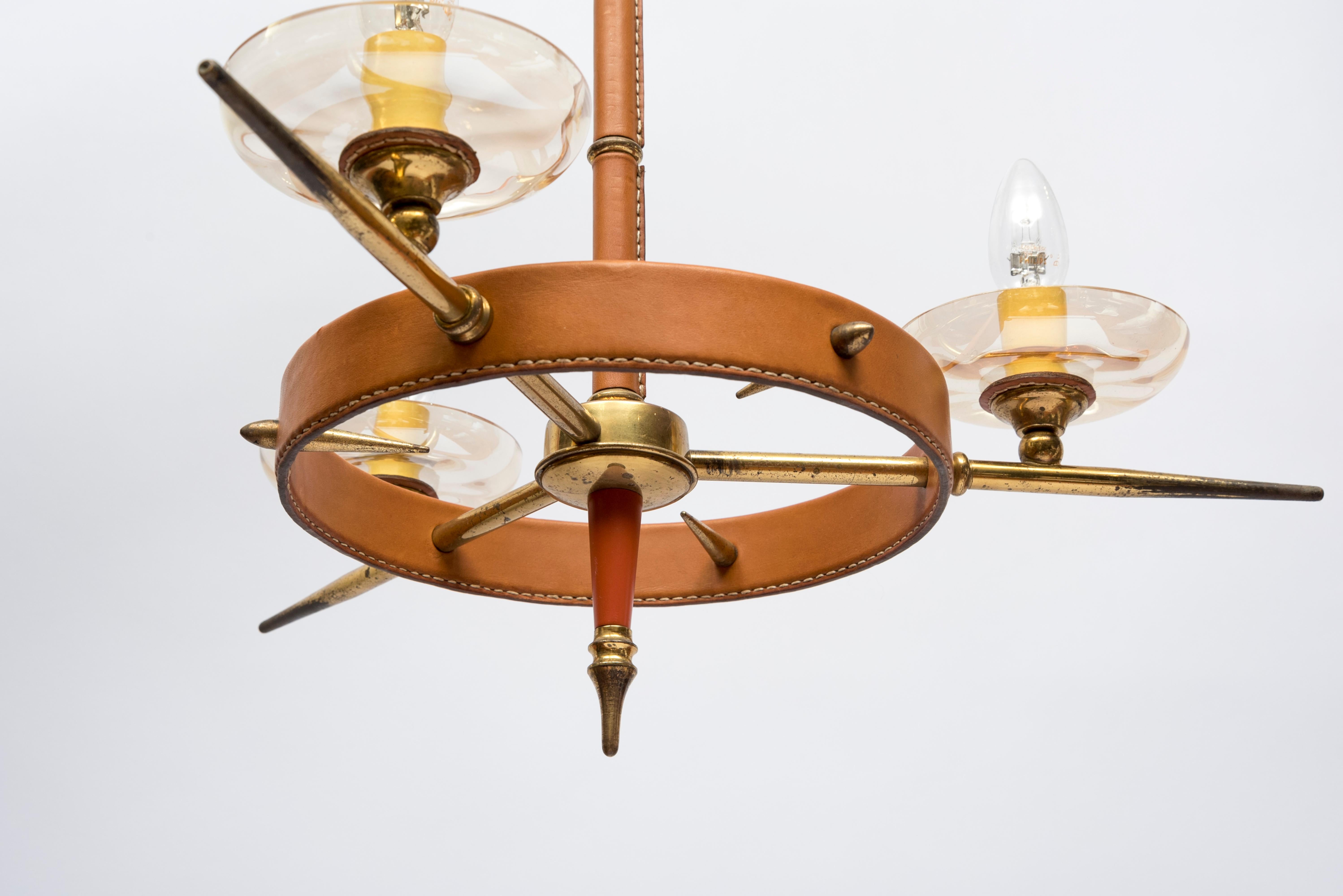 Mid-20th Century 1950s Stitched Leather Chandelier by Jacques Adnet For Sale