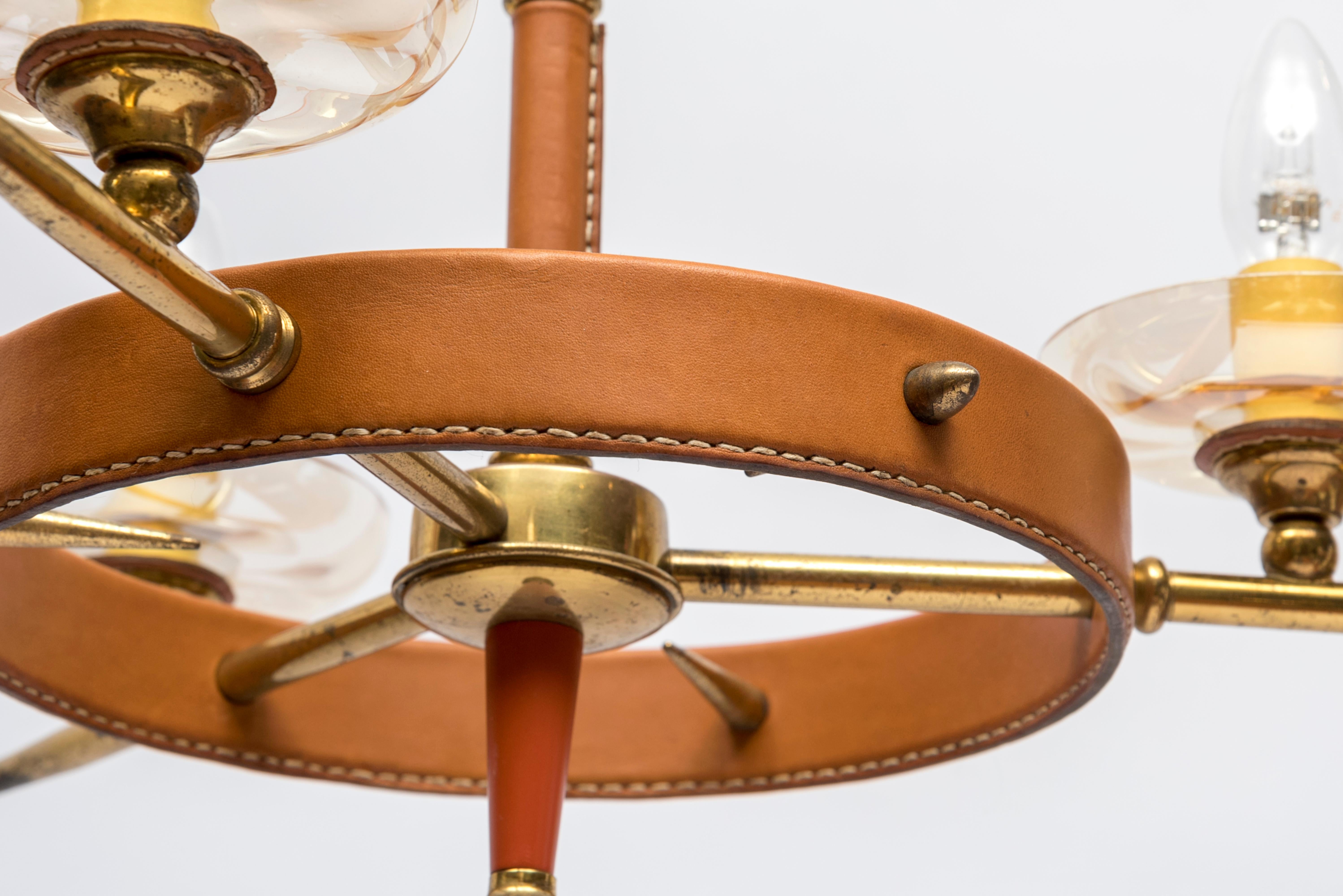1950s Stitched Leather Chandelier by Jacques Adnet For Sale 1
