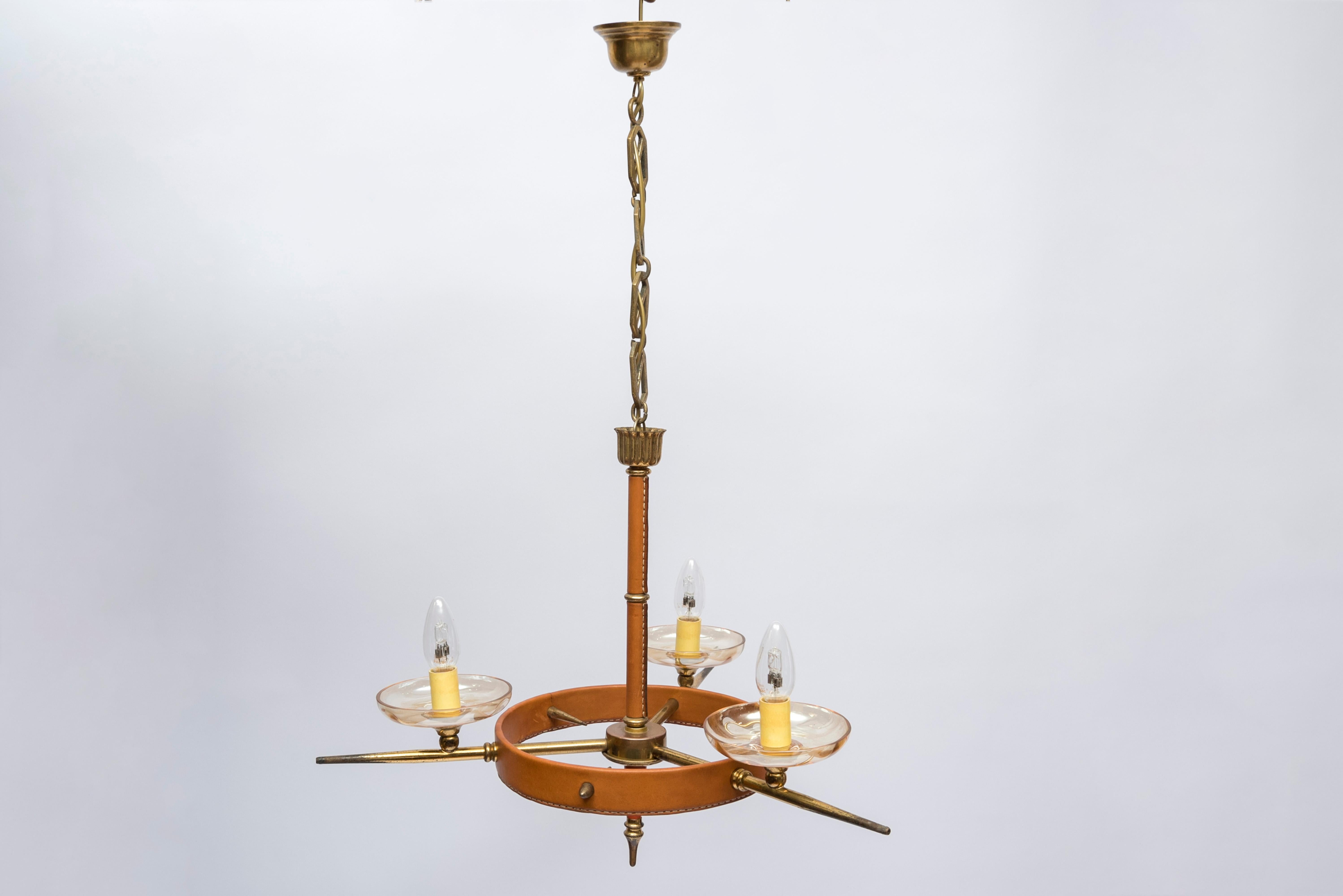 1950s Stitched Leather Chandelier by Jacques Adnet For Sale 3