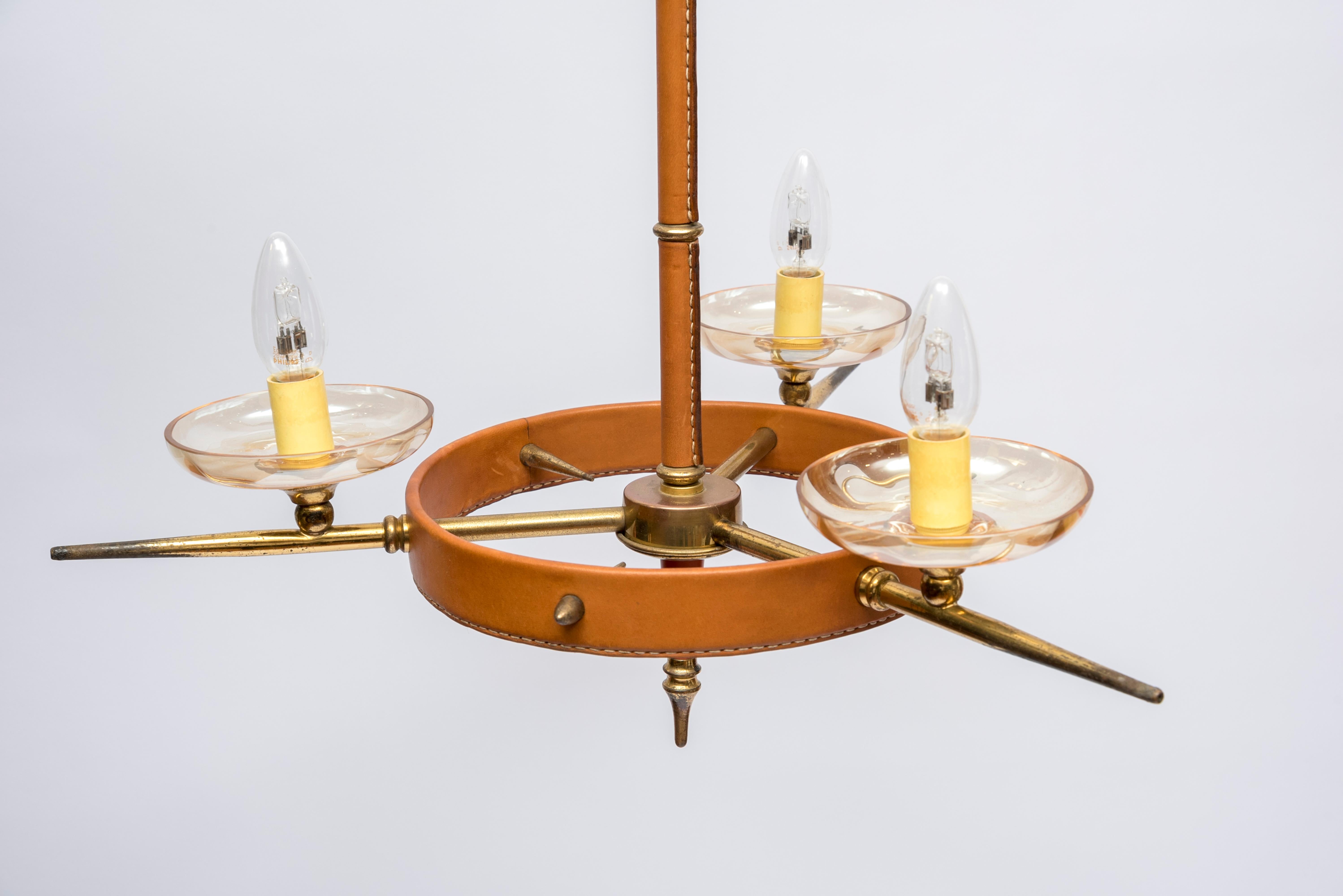 1950s Stitched Leather Chandelier by Jacques Adnet For Sale 4