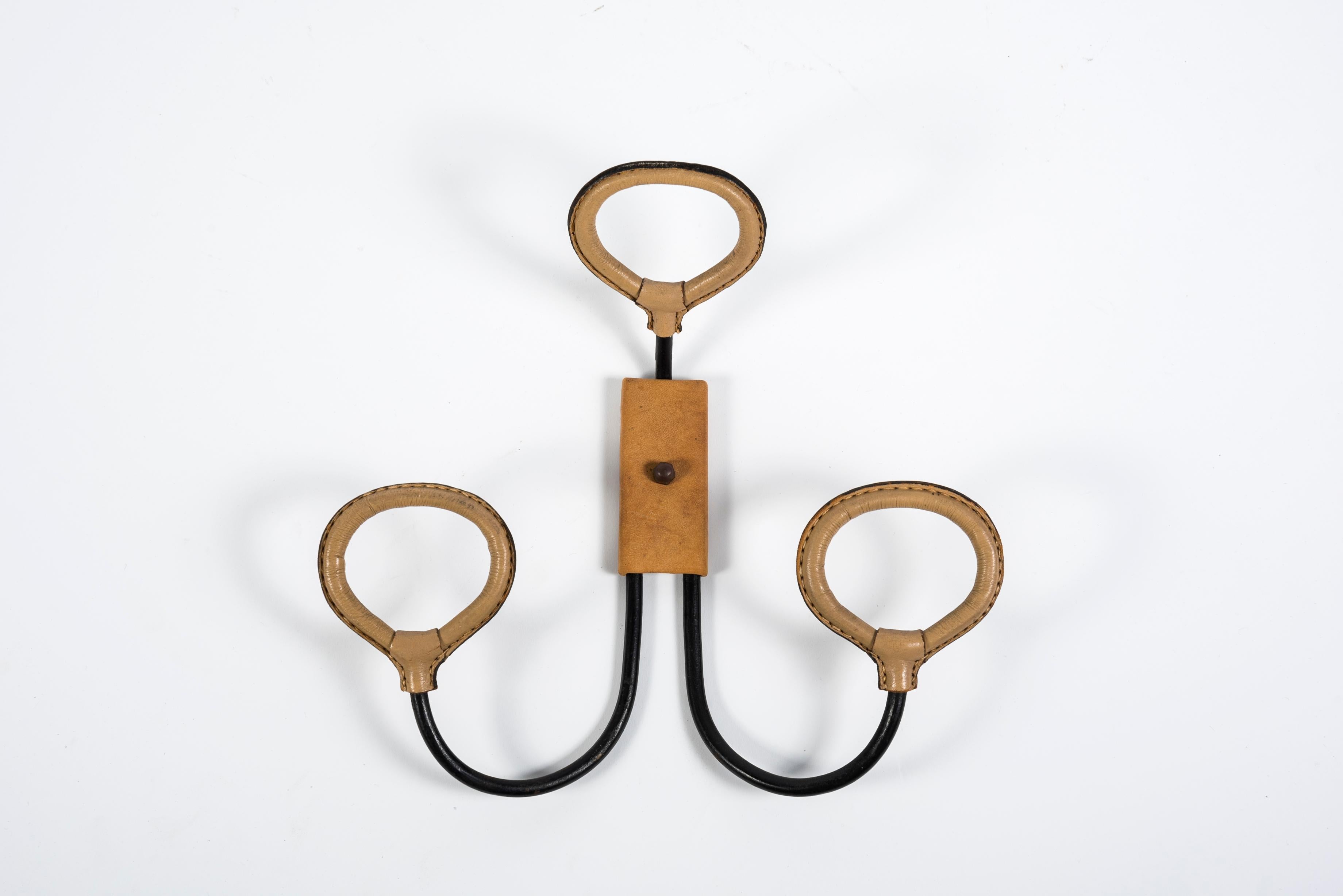 European 1950's Stitched Leather Coat Rack by Jacques Adnet