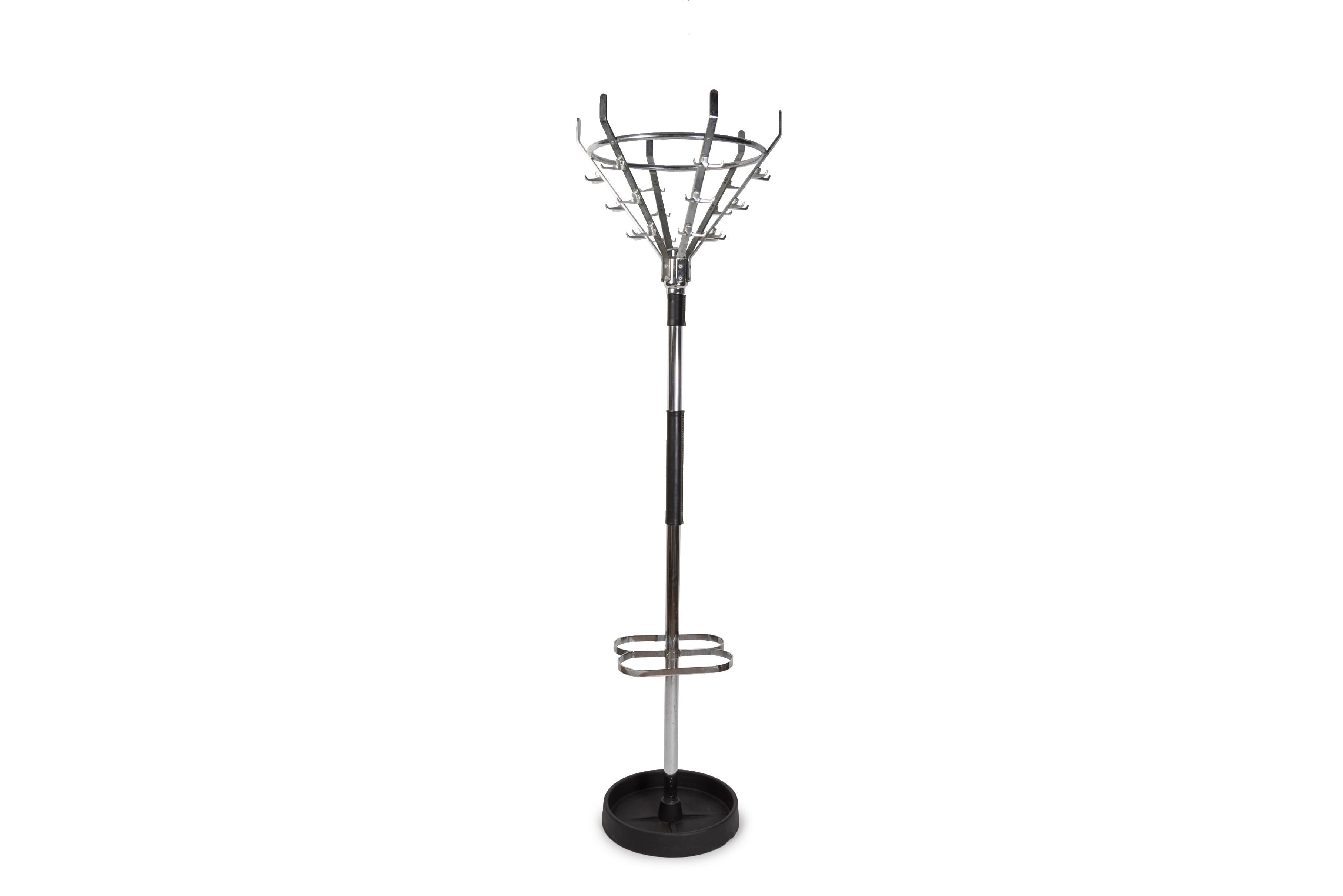 1950's Stitched leather and chromed metal coat stand by Jacques Adnet
France.
