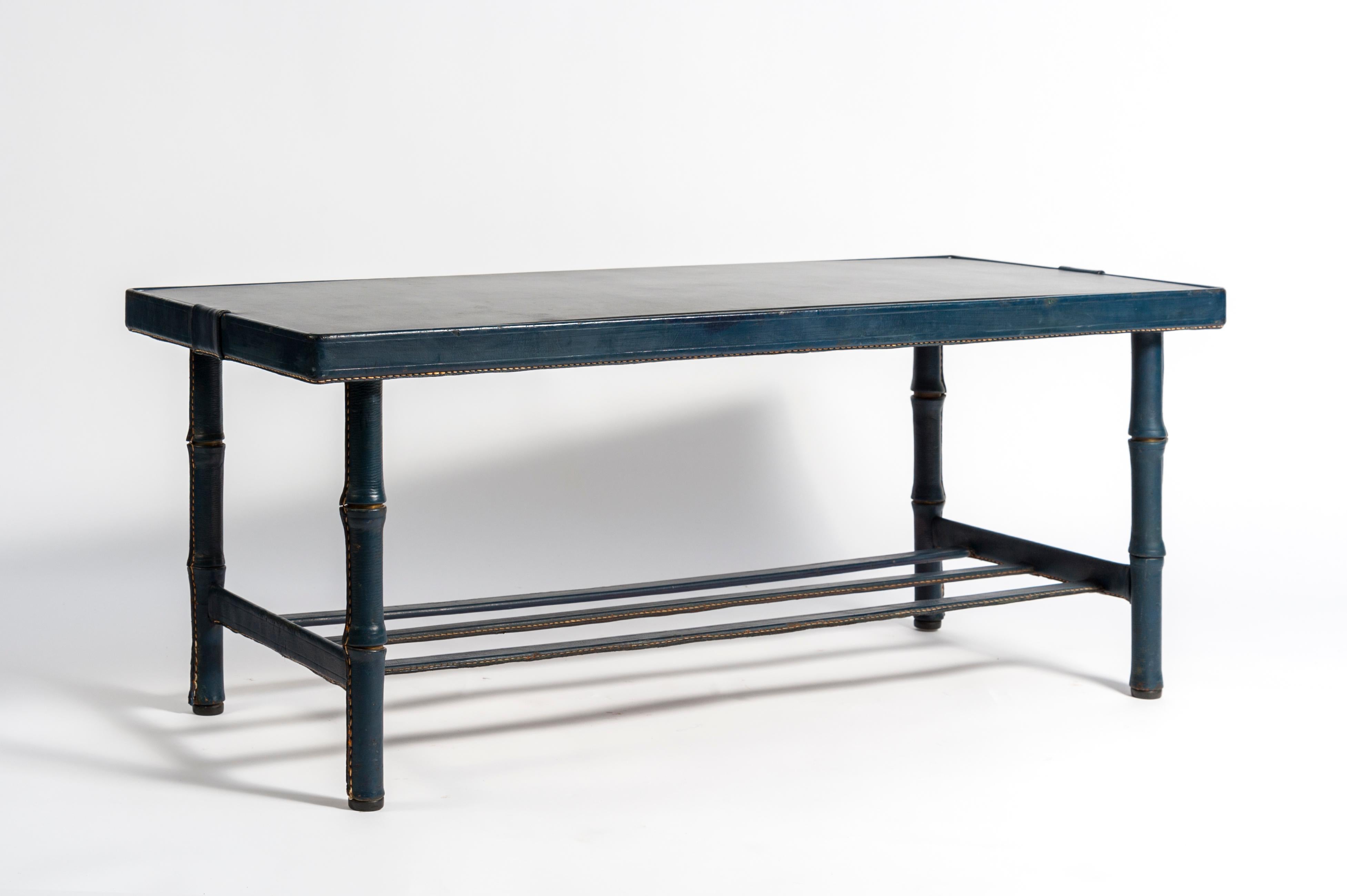 French 1950s Stitched Leather Cocktail Table by Jacques Adnet For Sale