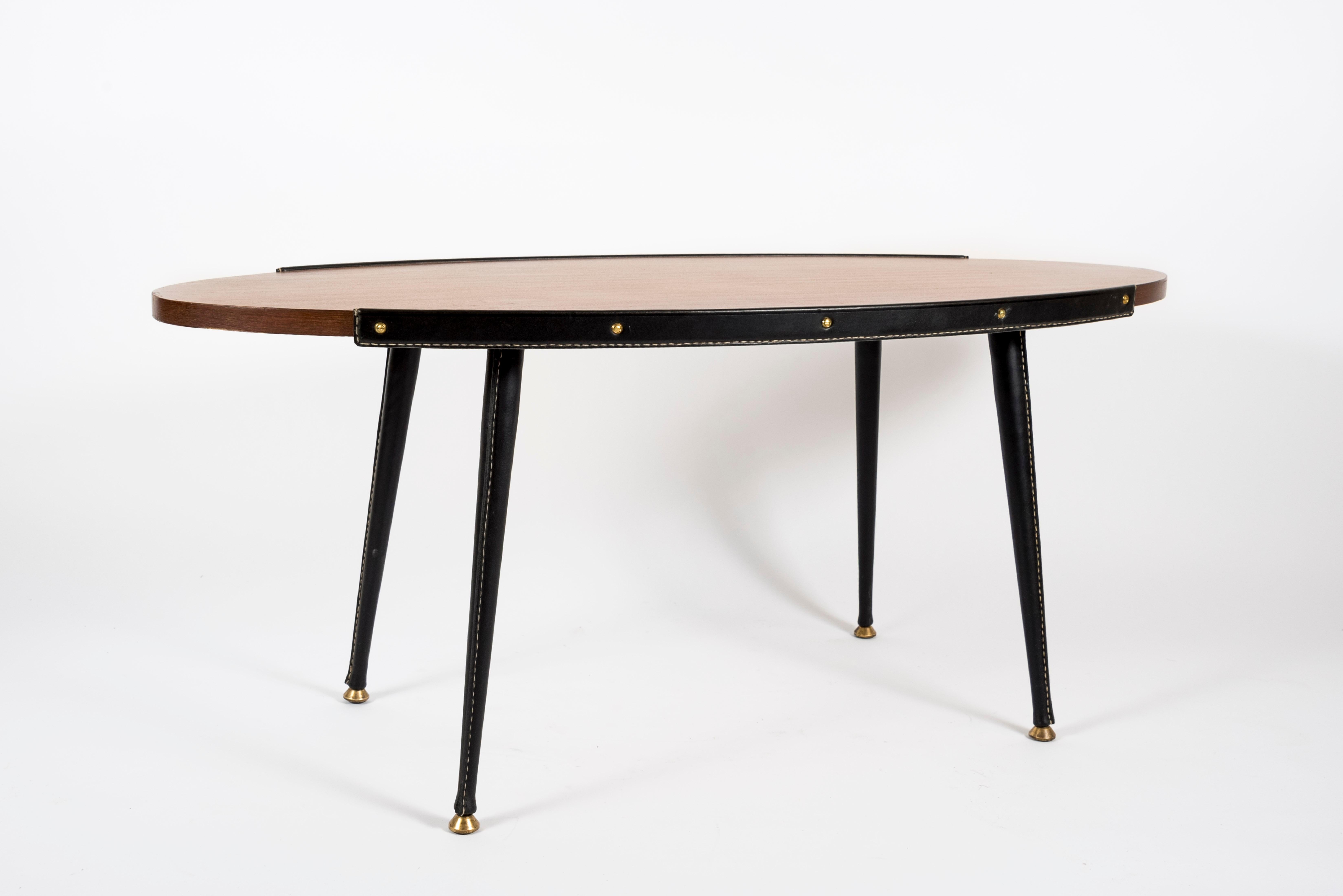 European 1950's Stitched Leather Cocktail Table by Jacques Adnet For Sale