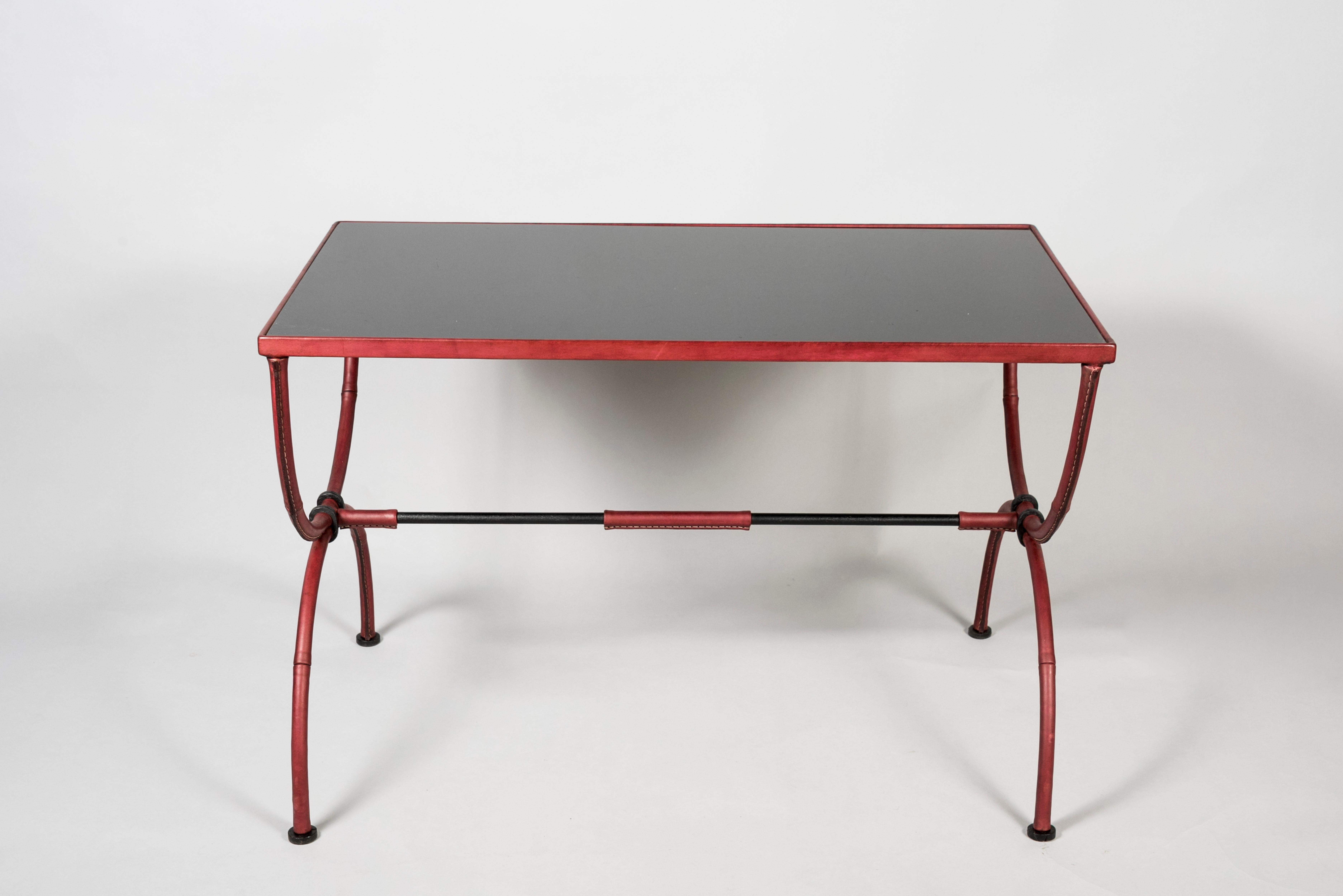 French 1950's Stitched Leather Cocktail Table by Jacques Adnet For Sale