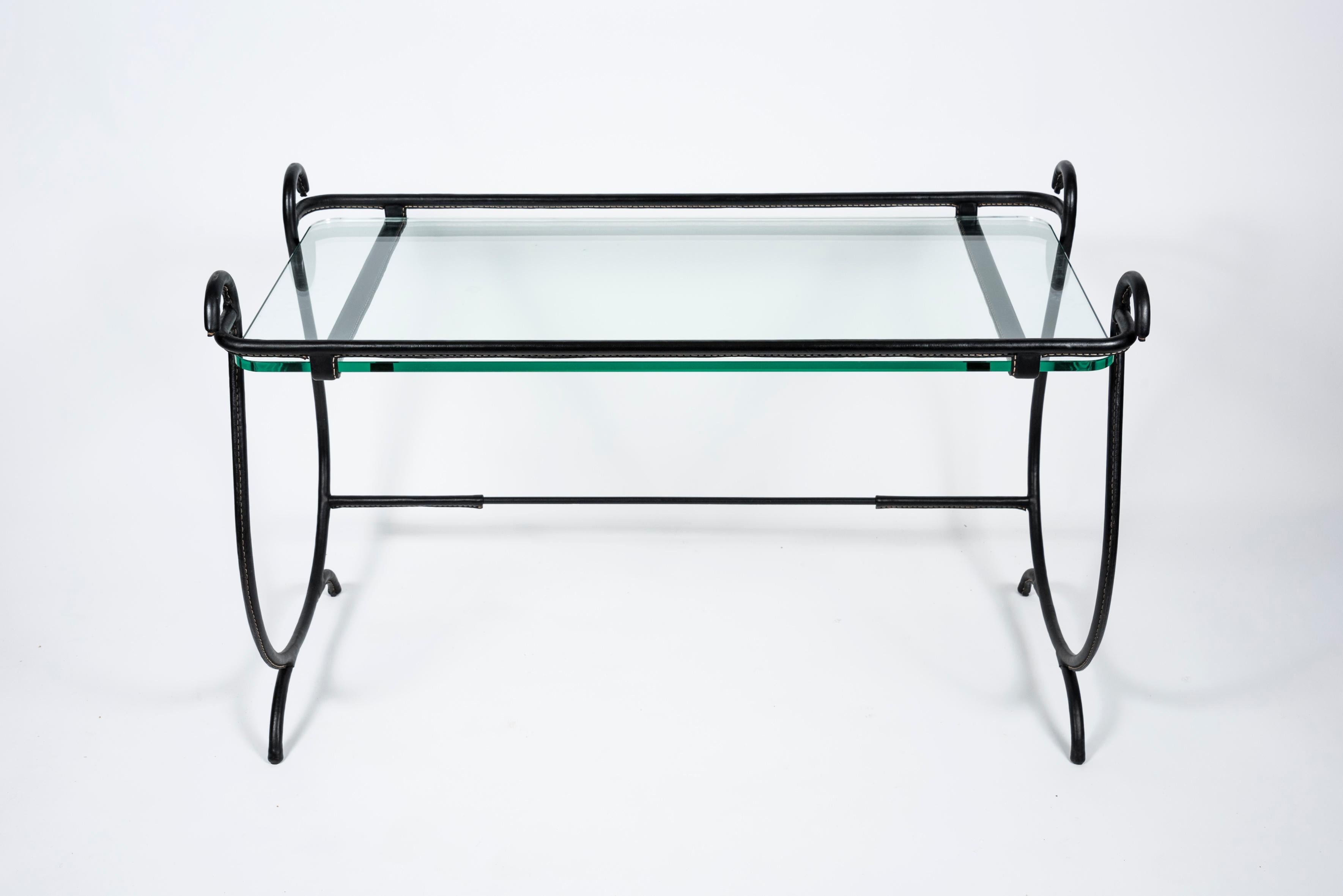 Mid-20th Century 1950s Stitched Leather Cocktail Table by Jacques Adnet For Sale