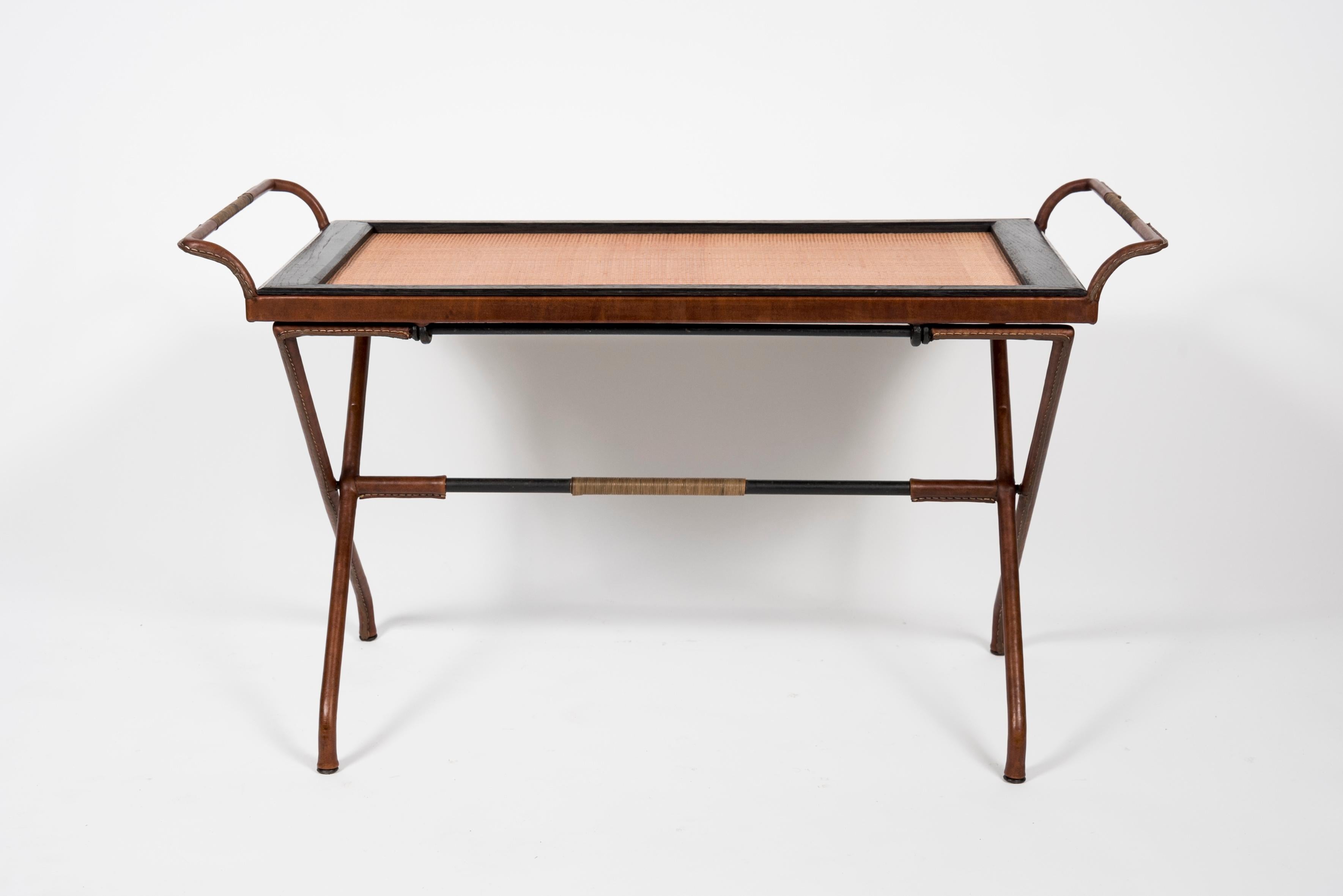 Mid-20th Century 1950s Stitched Leather Cocktail Table by Jacques Adnet For Sale