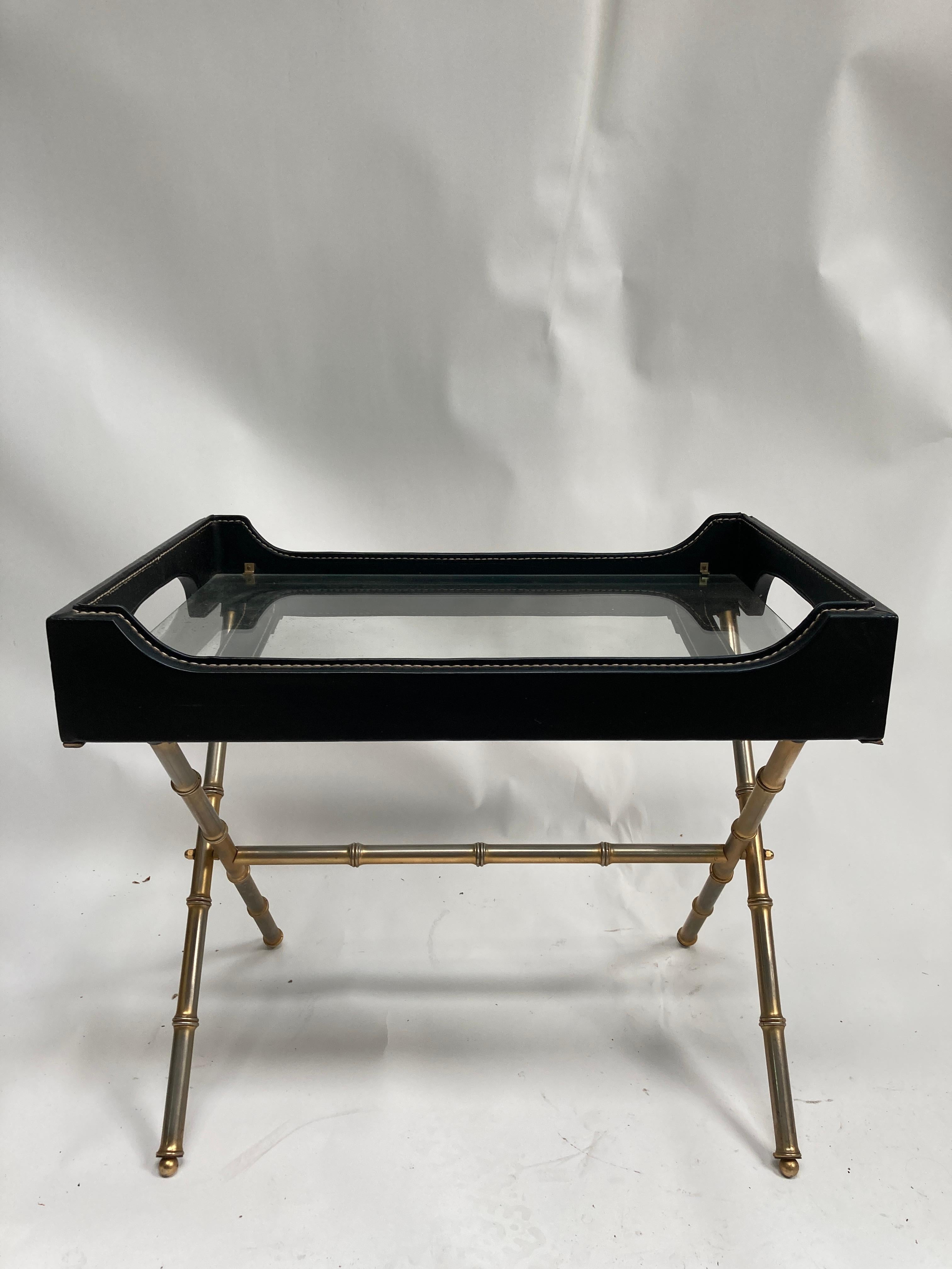 Mid-20th Century 1950's Stitched leather cocktail table by Jacques Adnet For Sale
