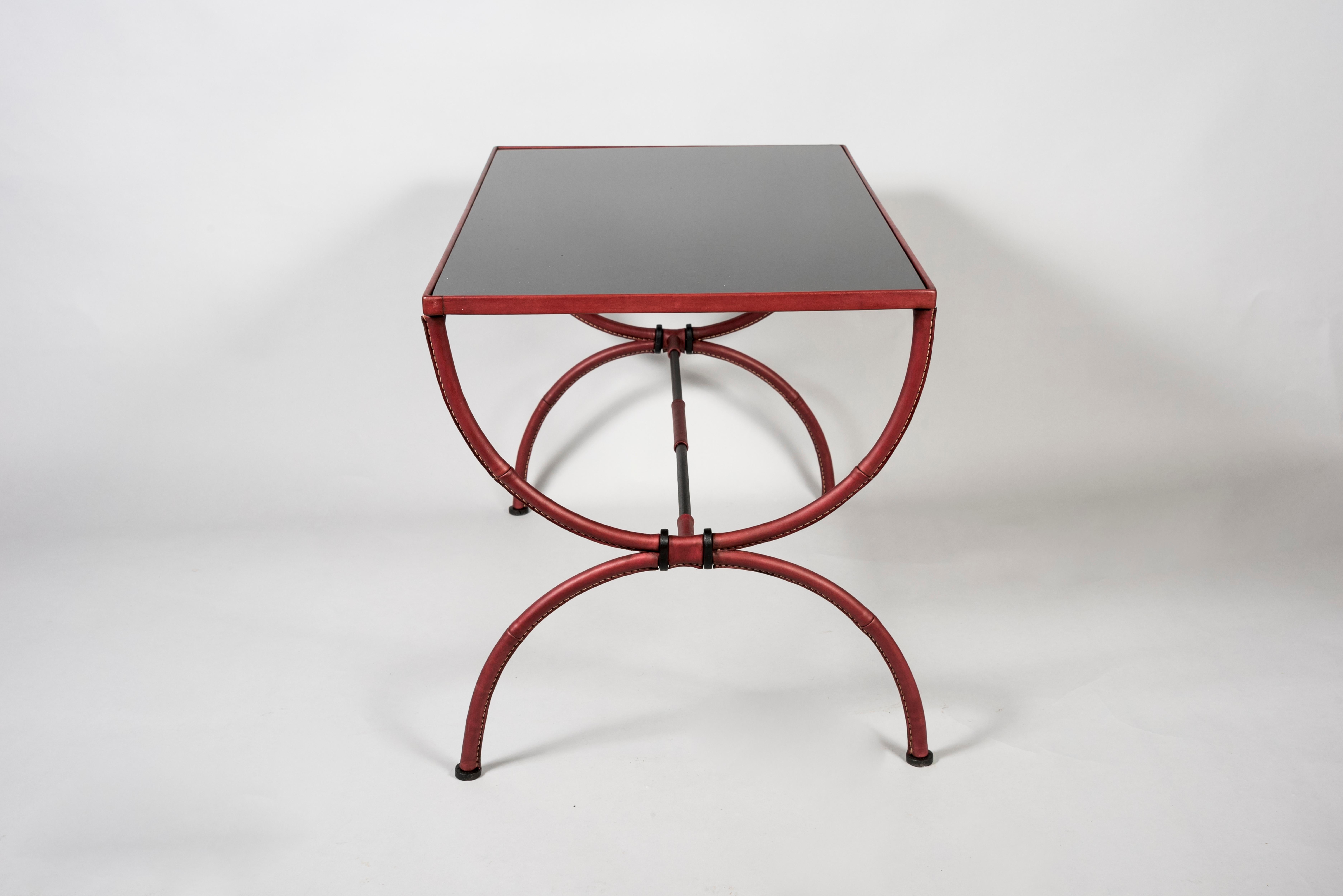 Metal 1950's Stitched Leather Cocktail Table by Jacques Adnet For Sale