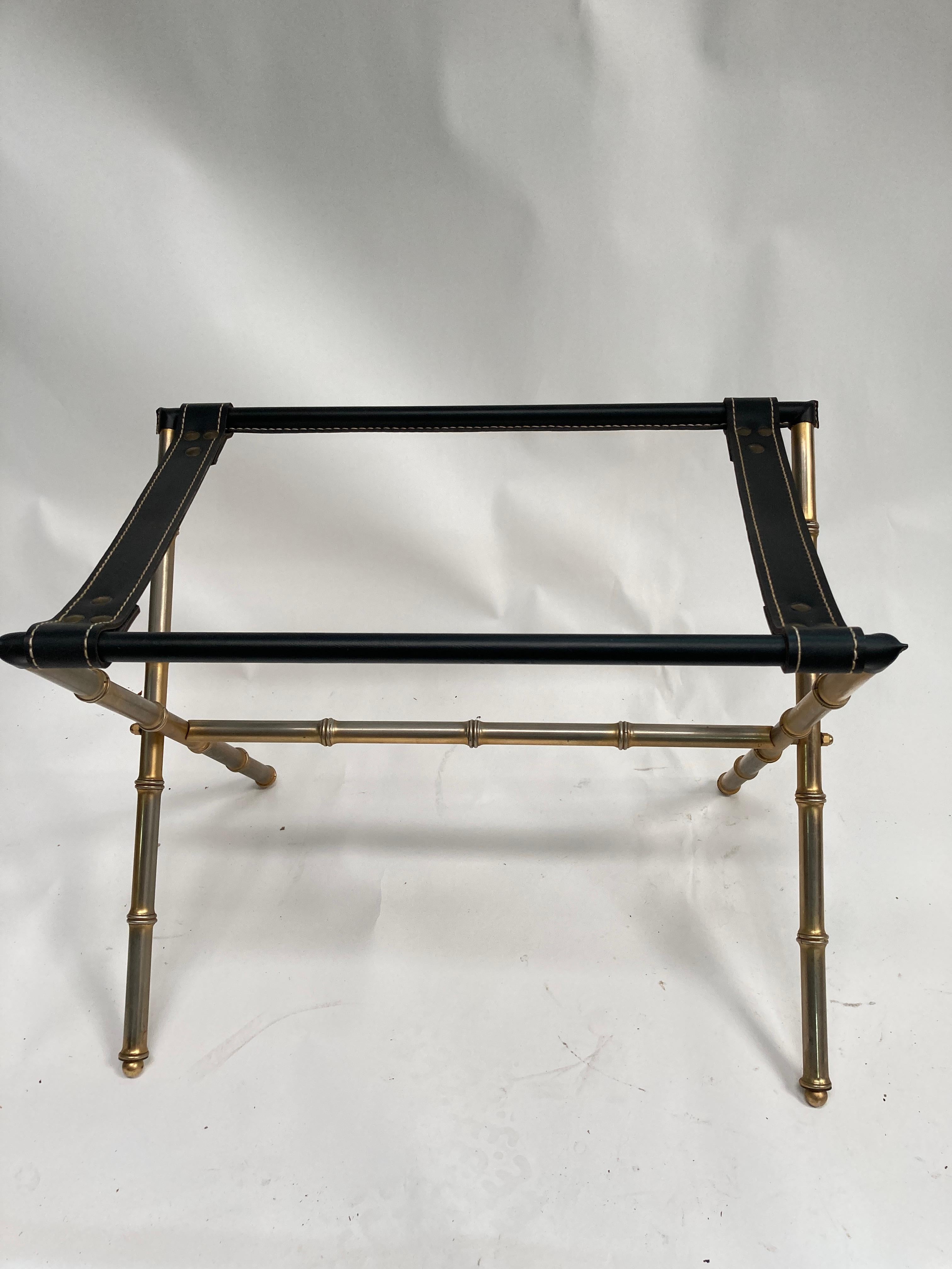 Brass 1950's Stitched leather cocktail table by Jacques Adnet For Sale