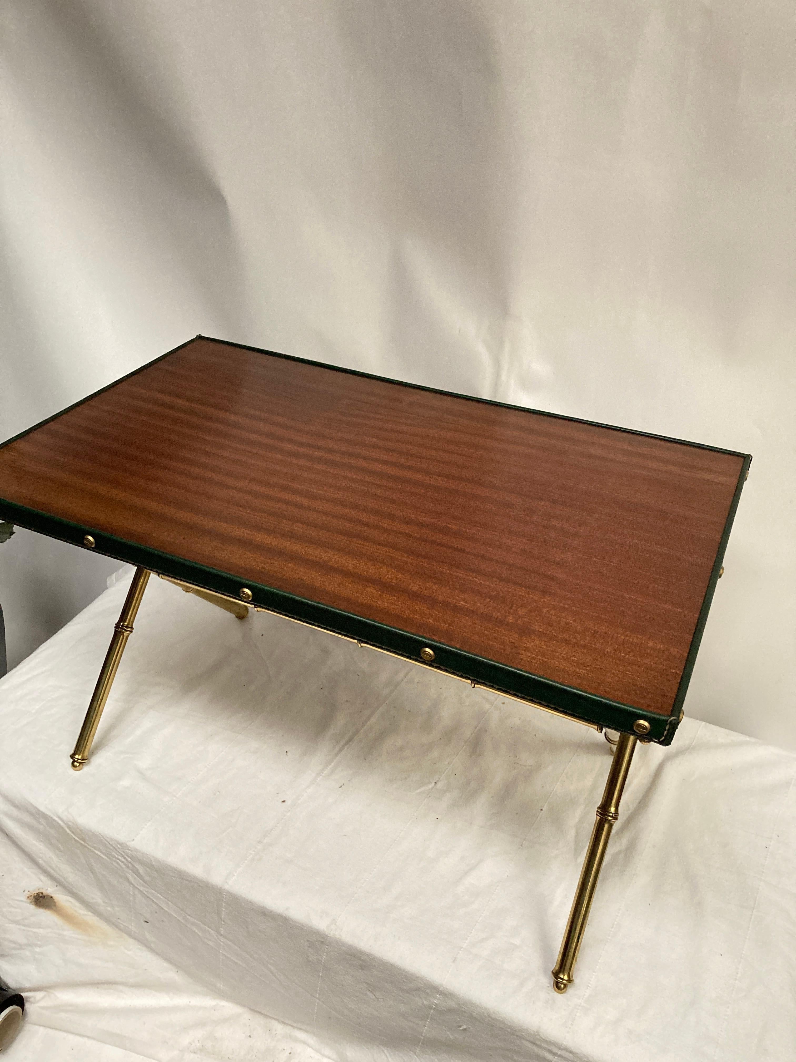 Brass 1950's Stitched leather cocktail table by Jacques Adnet For Sale