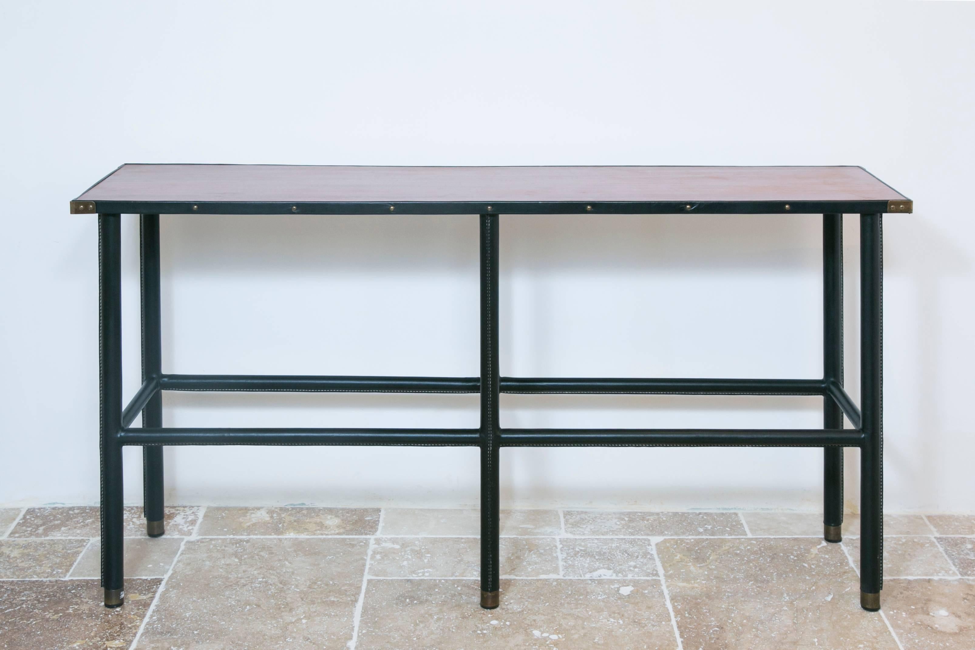 Mid-20th Century 1950s Stitched Leather Console by Jacques Adnet For Sale
