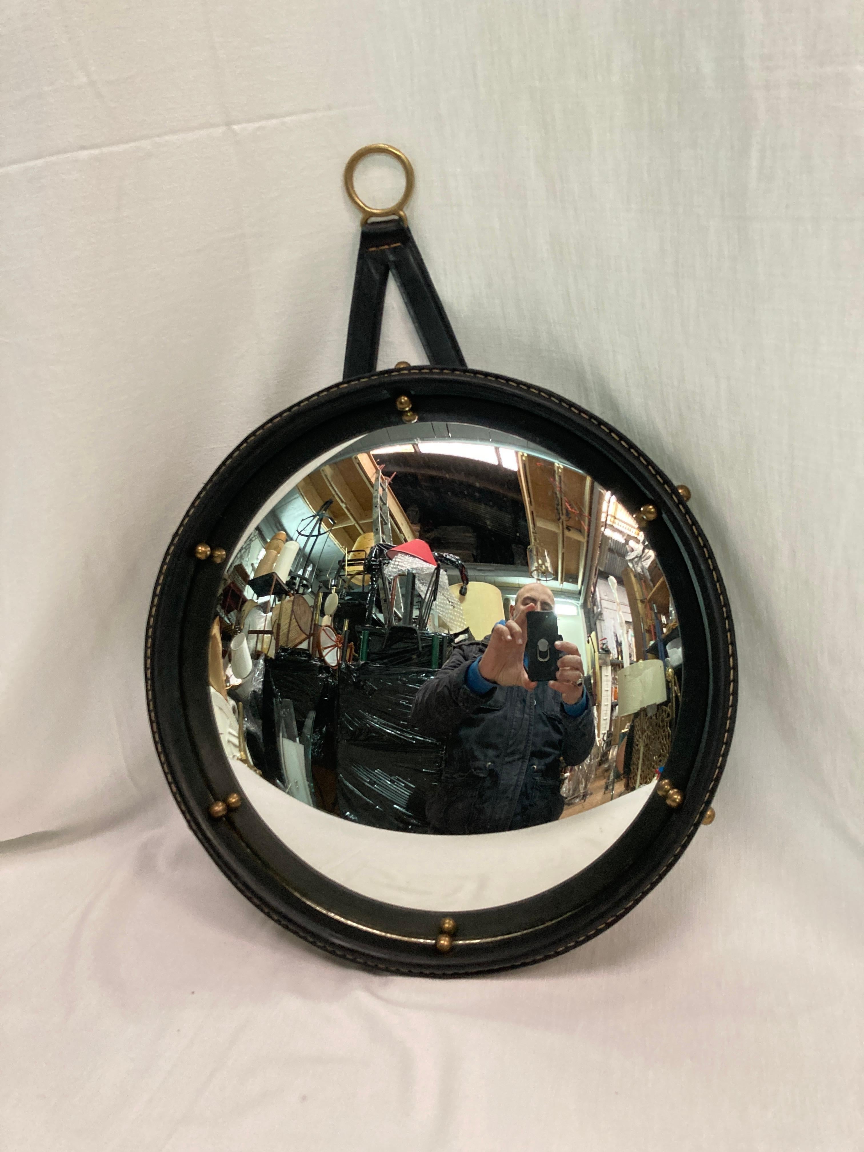 1950's Stitched leather convex  mirror by Jacques Adnet 5