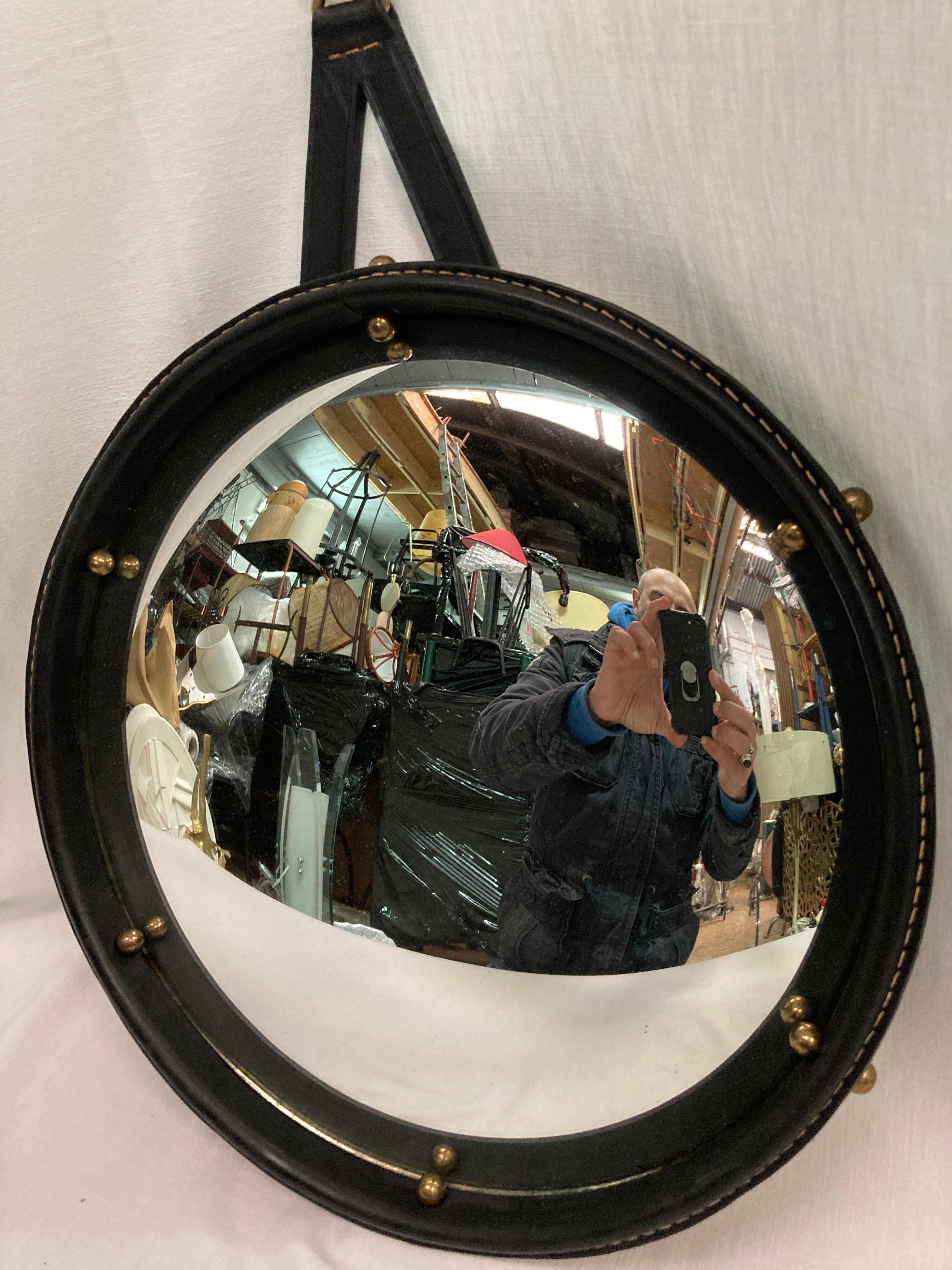 1950's Stitched leather convex  mirror by Jacques Adnet 6