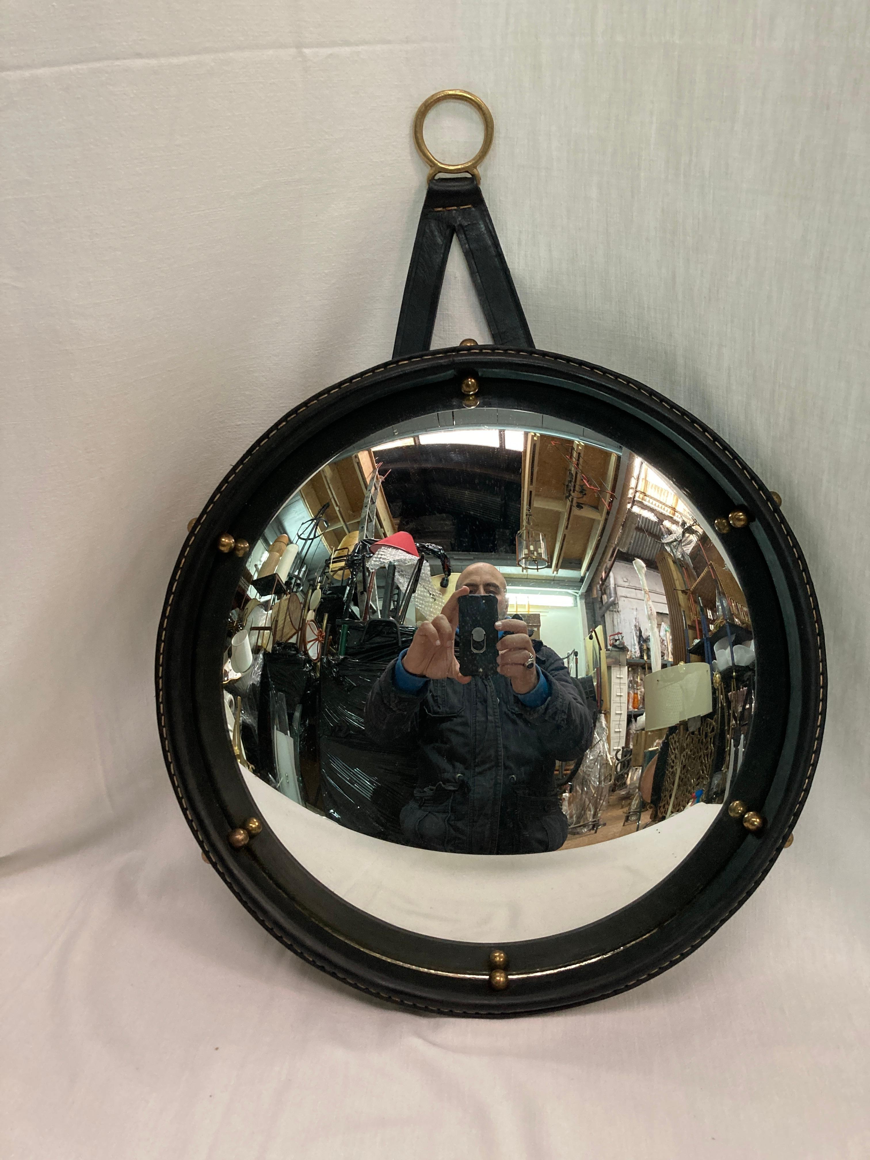 1950's Stitched leather convex  mirror by Jacques Adnet 8