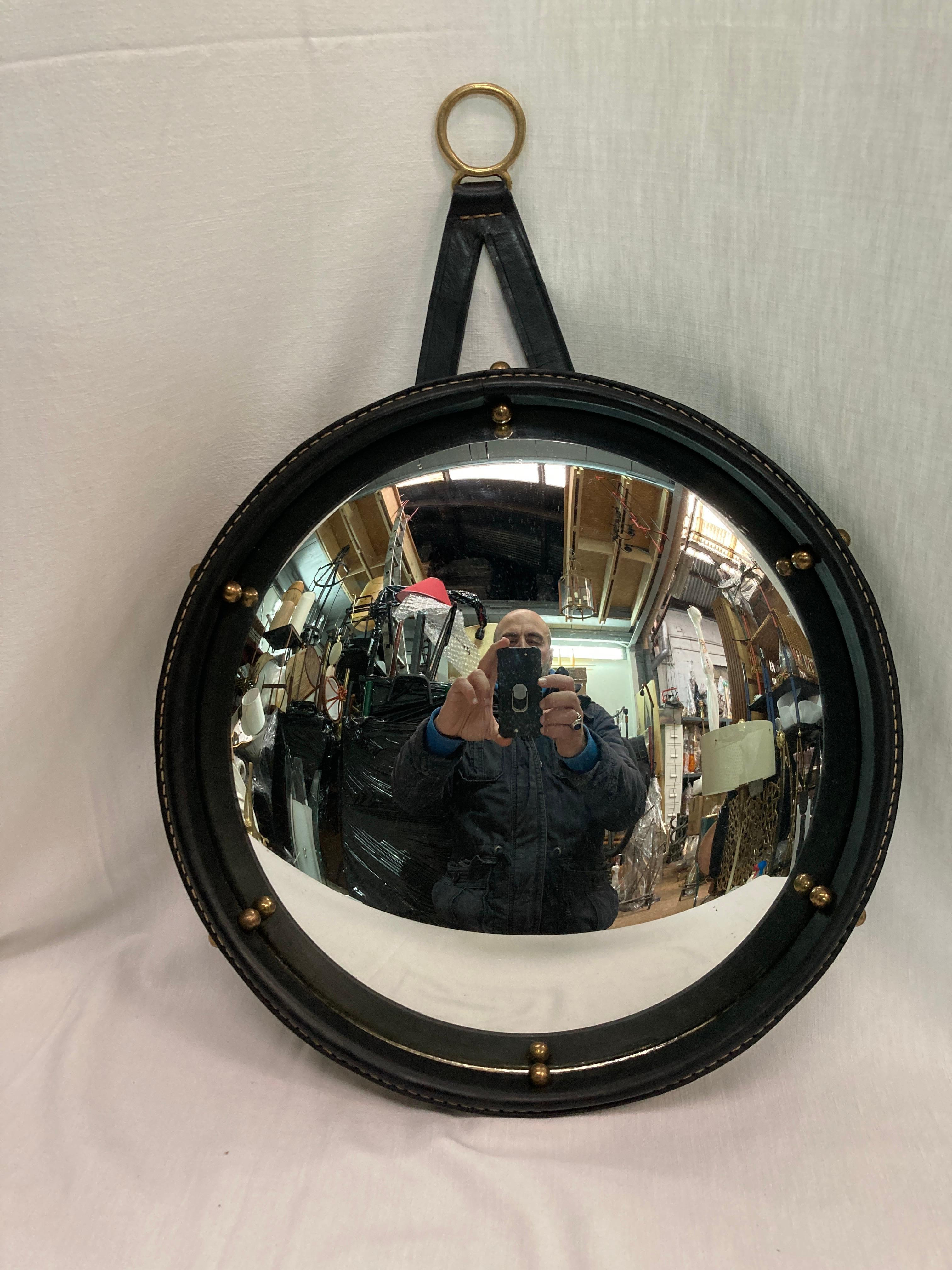 1950's Stitched leather convex  mirror by Jacques Adnet 9