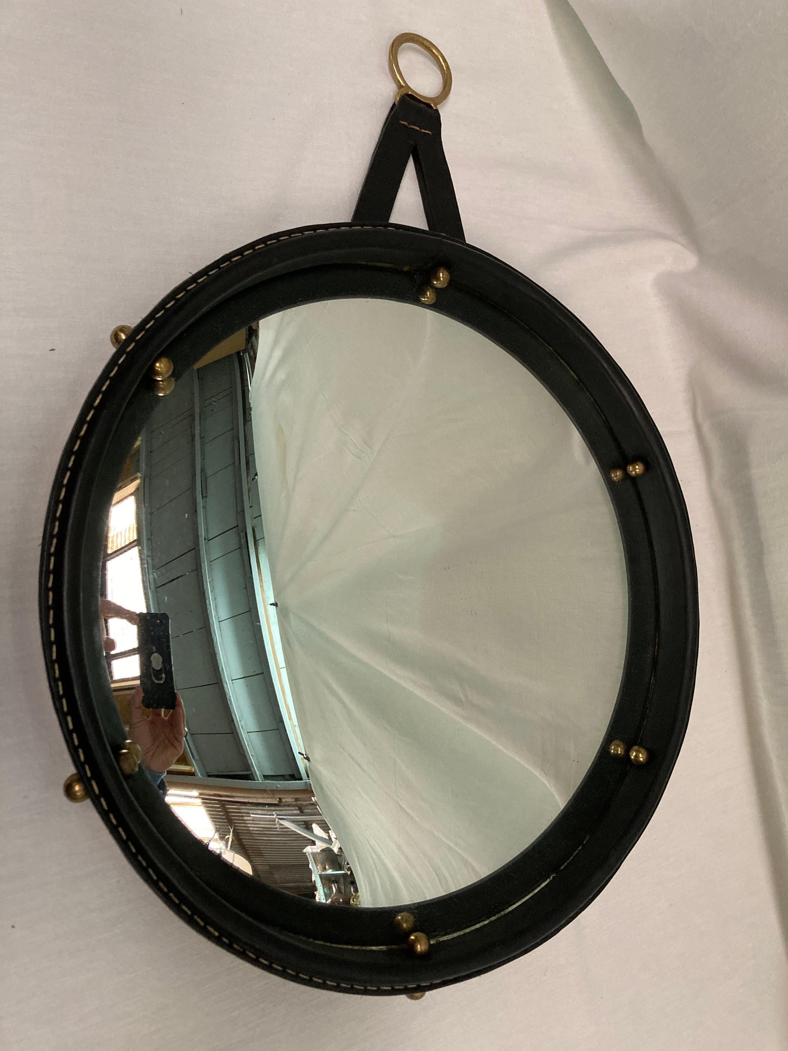 French 1950's Stitched leather convex  mirror by Jacques Adnet