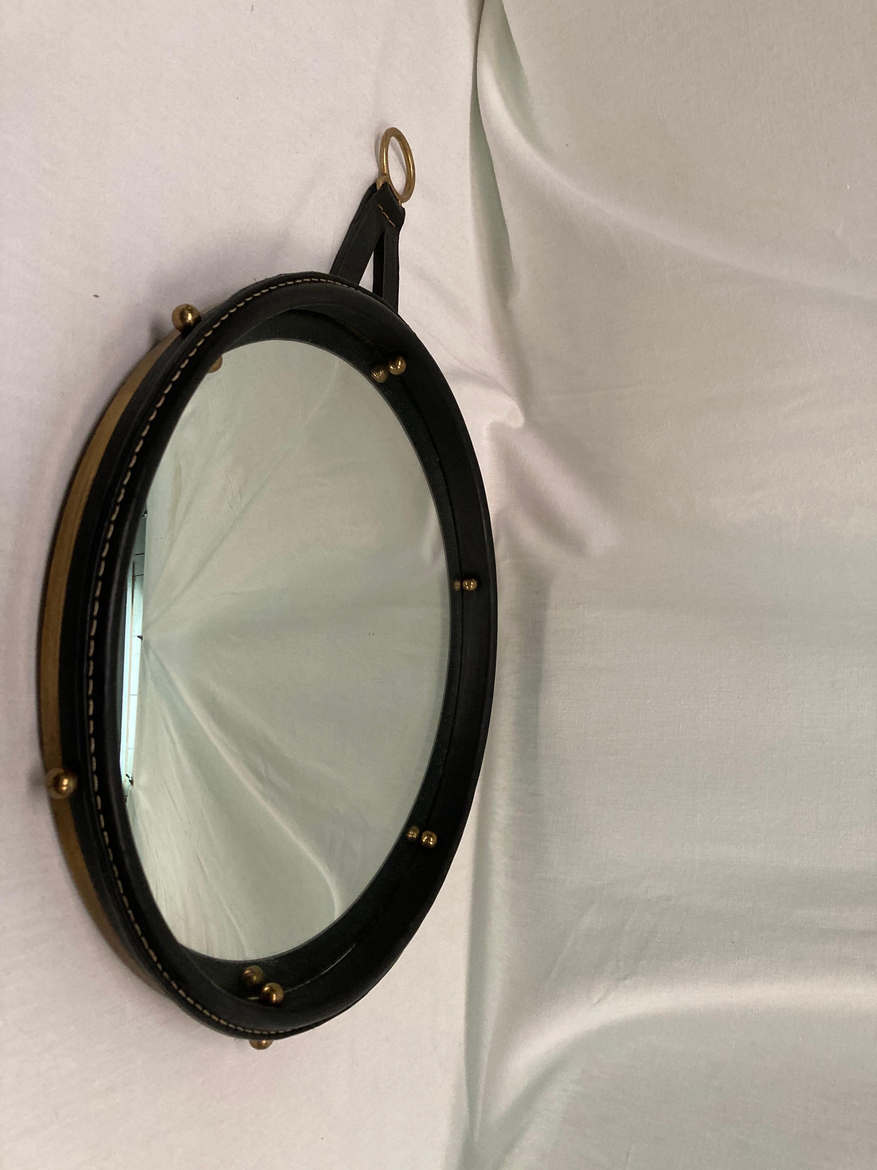 1950's Stitched leather convex  mirror by Jacques Adnet In Good Condition In New York, NY