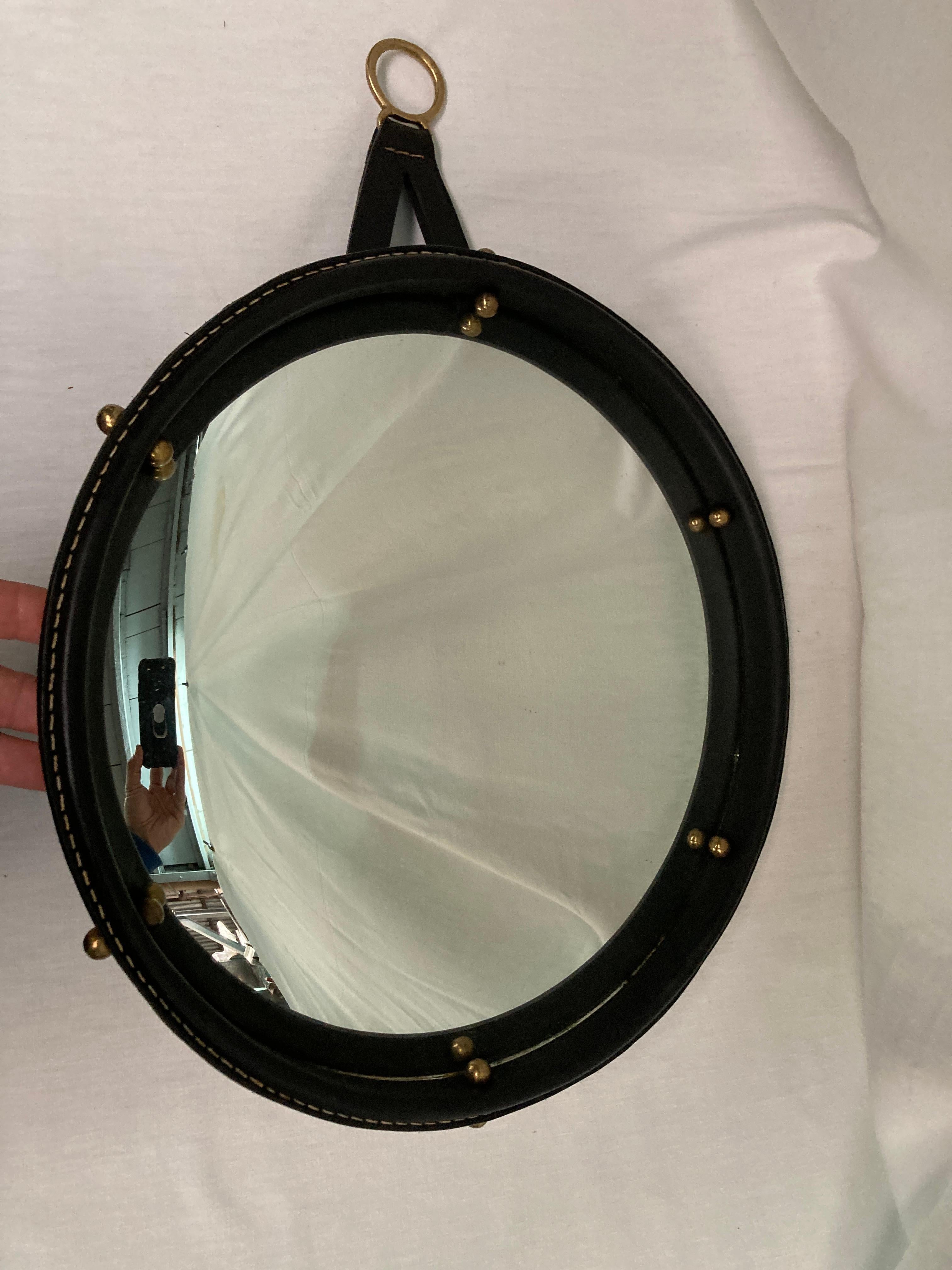Mid-20th Century 1950's Stitched leather convex  mirror by Jacques Adnet