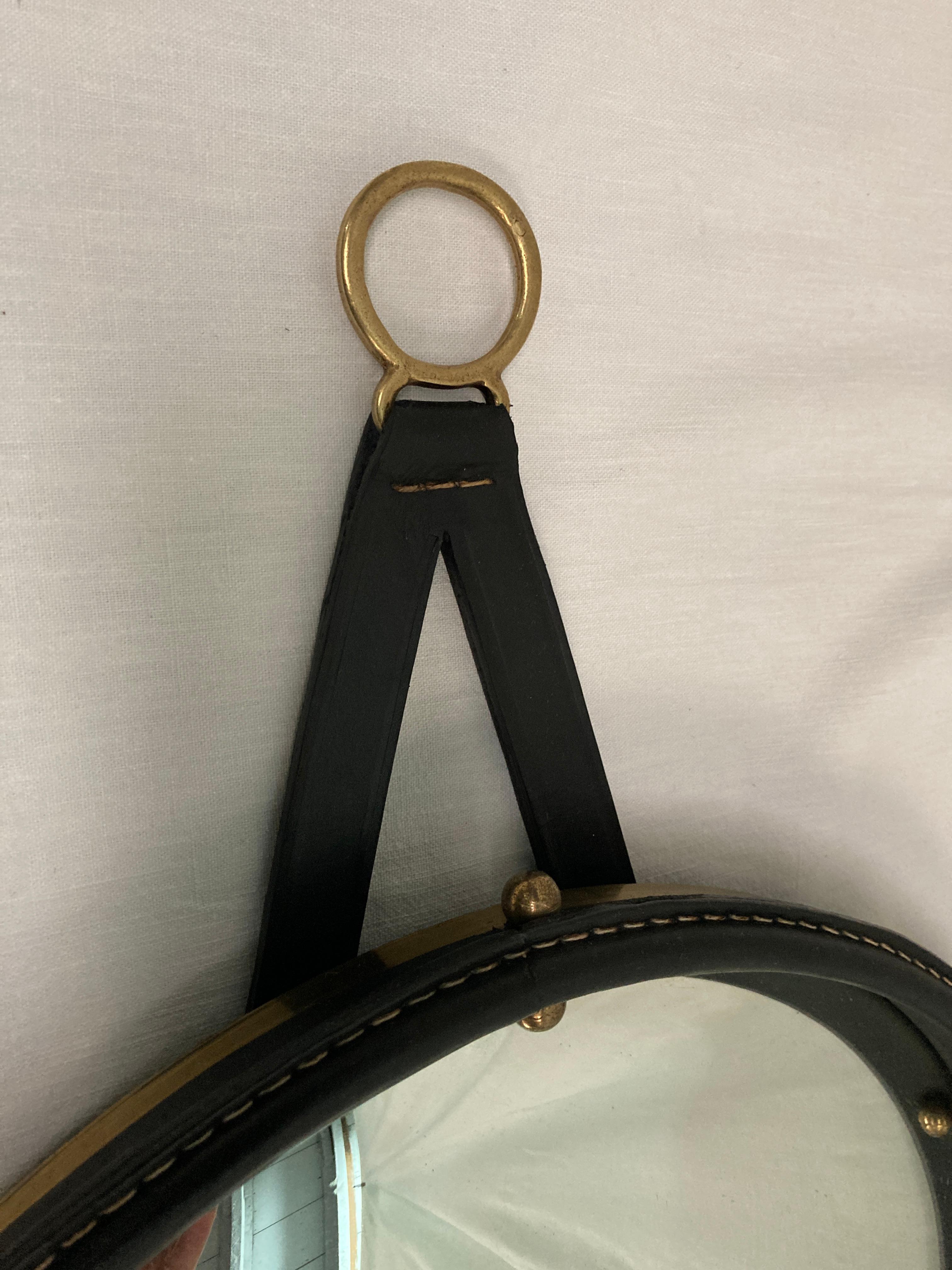 1950's Stitched leather convex  mirror by Jacques Adnet 1