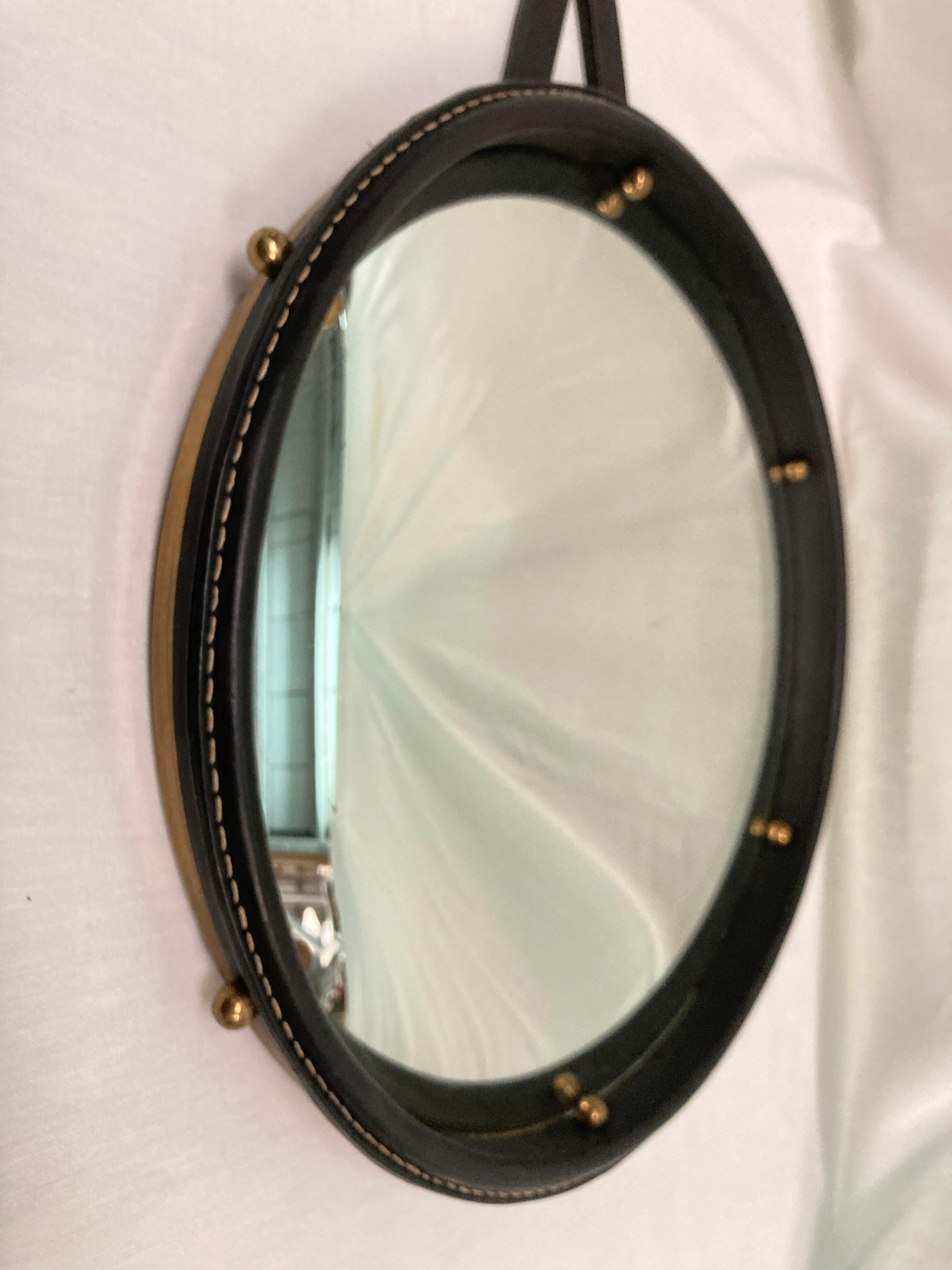 1950's Stitched leather convex  mirror by Jacques Adnet 3
