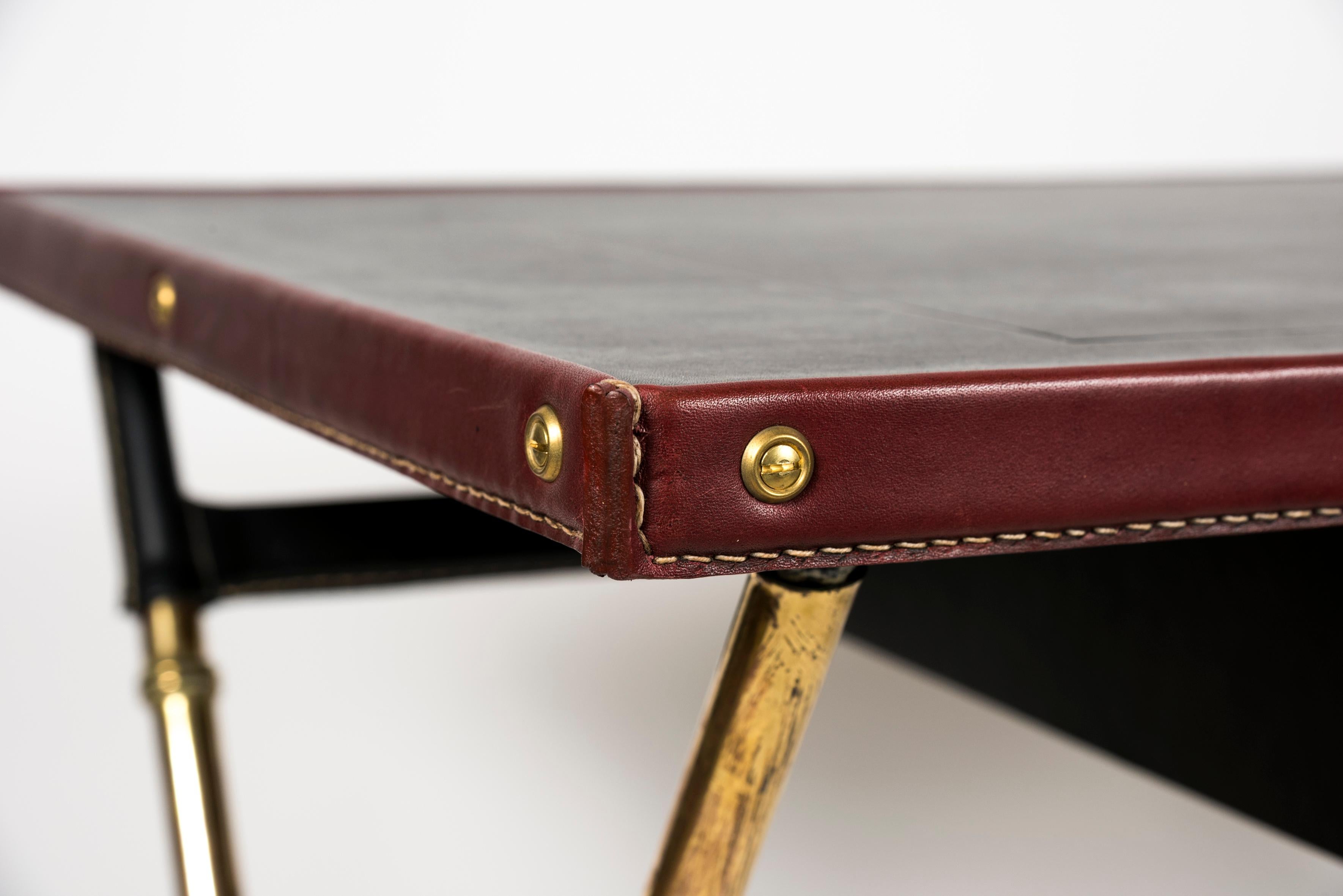 European 1950s Stitched Leather Desk and Stool by Jacques Adnet For Sale