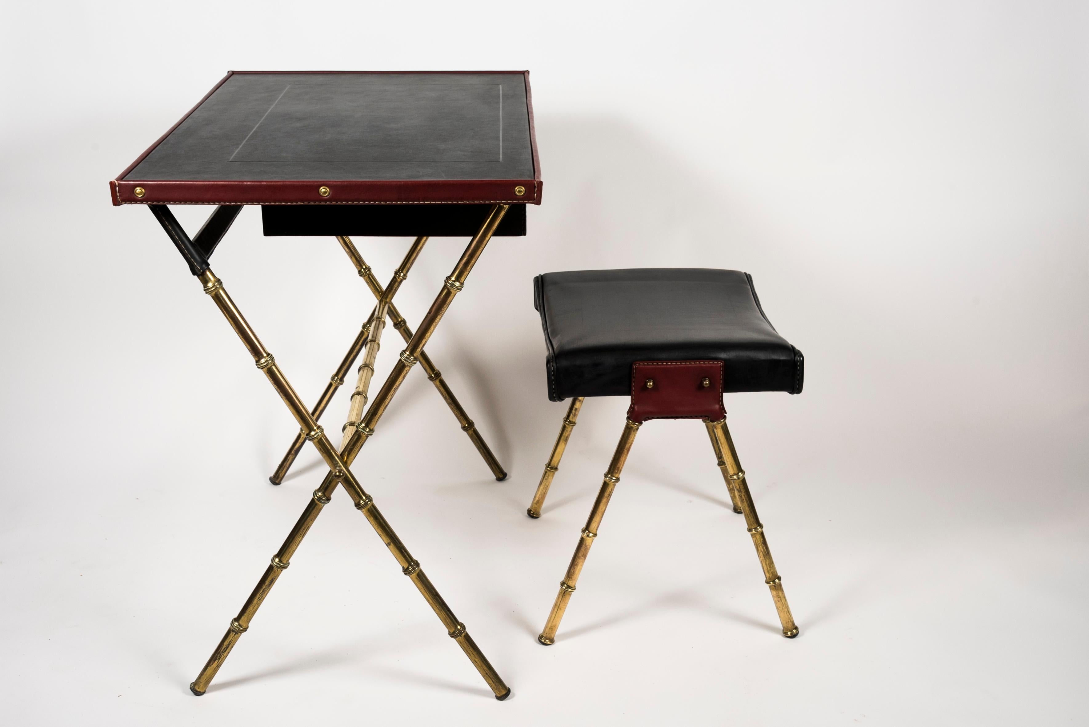 1950s Stitched Leather Desk and Stool by Jacques Adnet For Sale 3