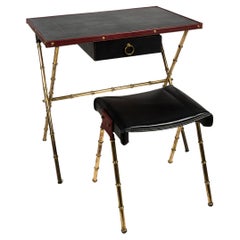 1950s Stitched Leather Desk and Stool by Jacques Adnet