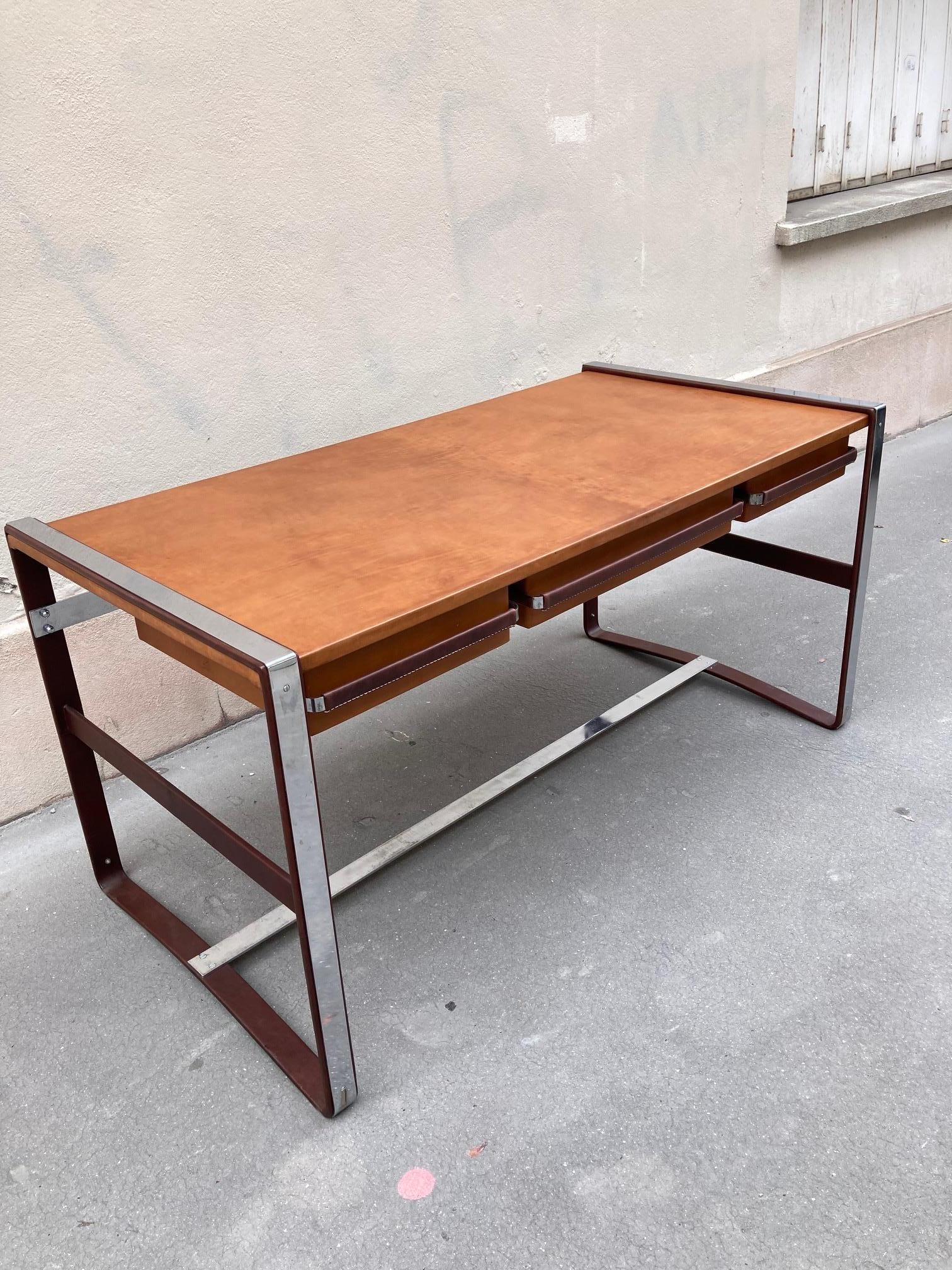 1950's Stitched Leather Desk by Jacques Adnet For Sale 6