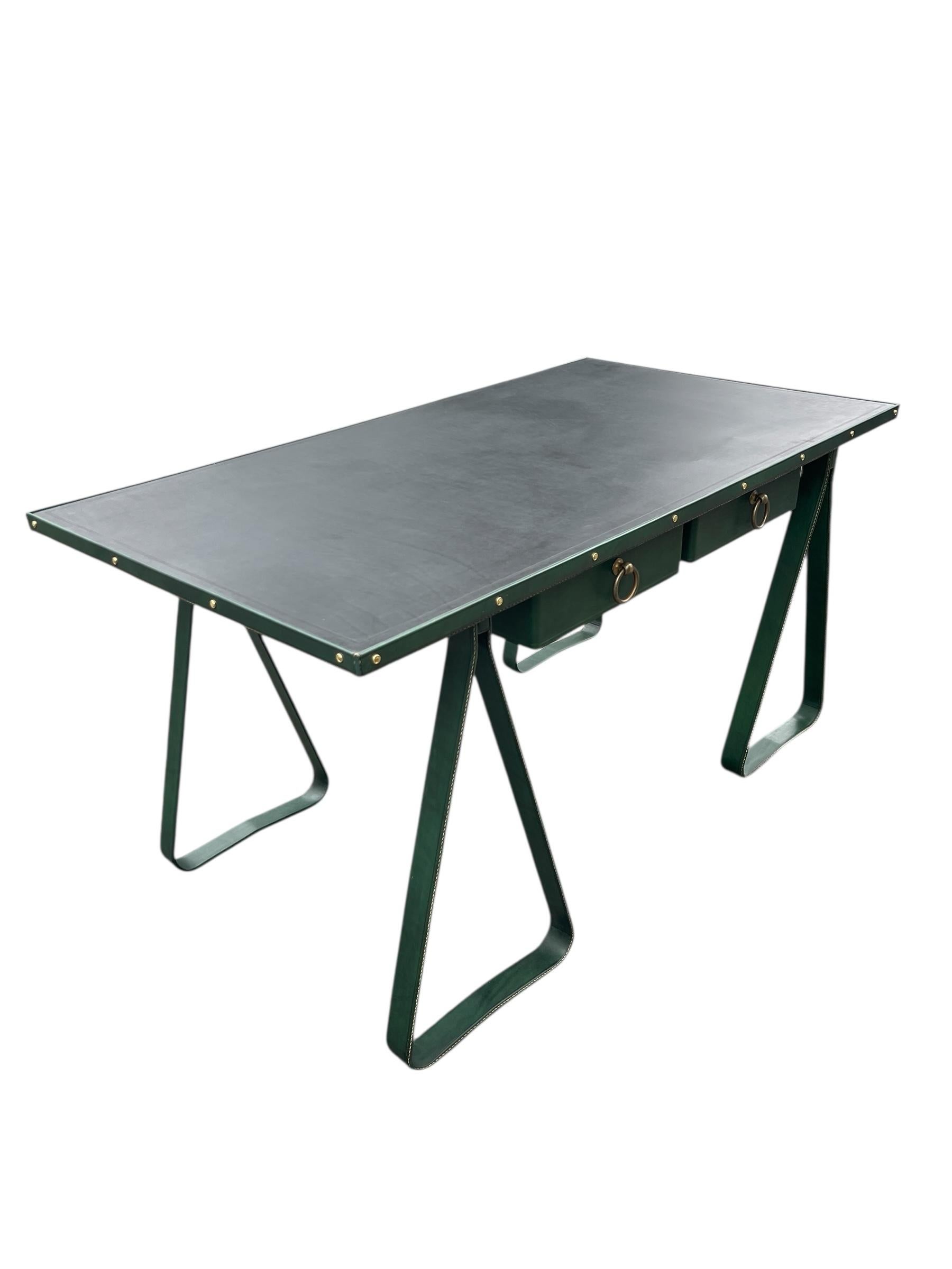 1950's Stitched leather desk by Jacques Adnet For Sale 9