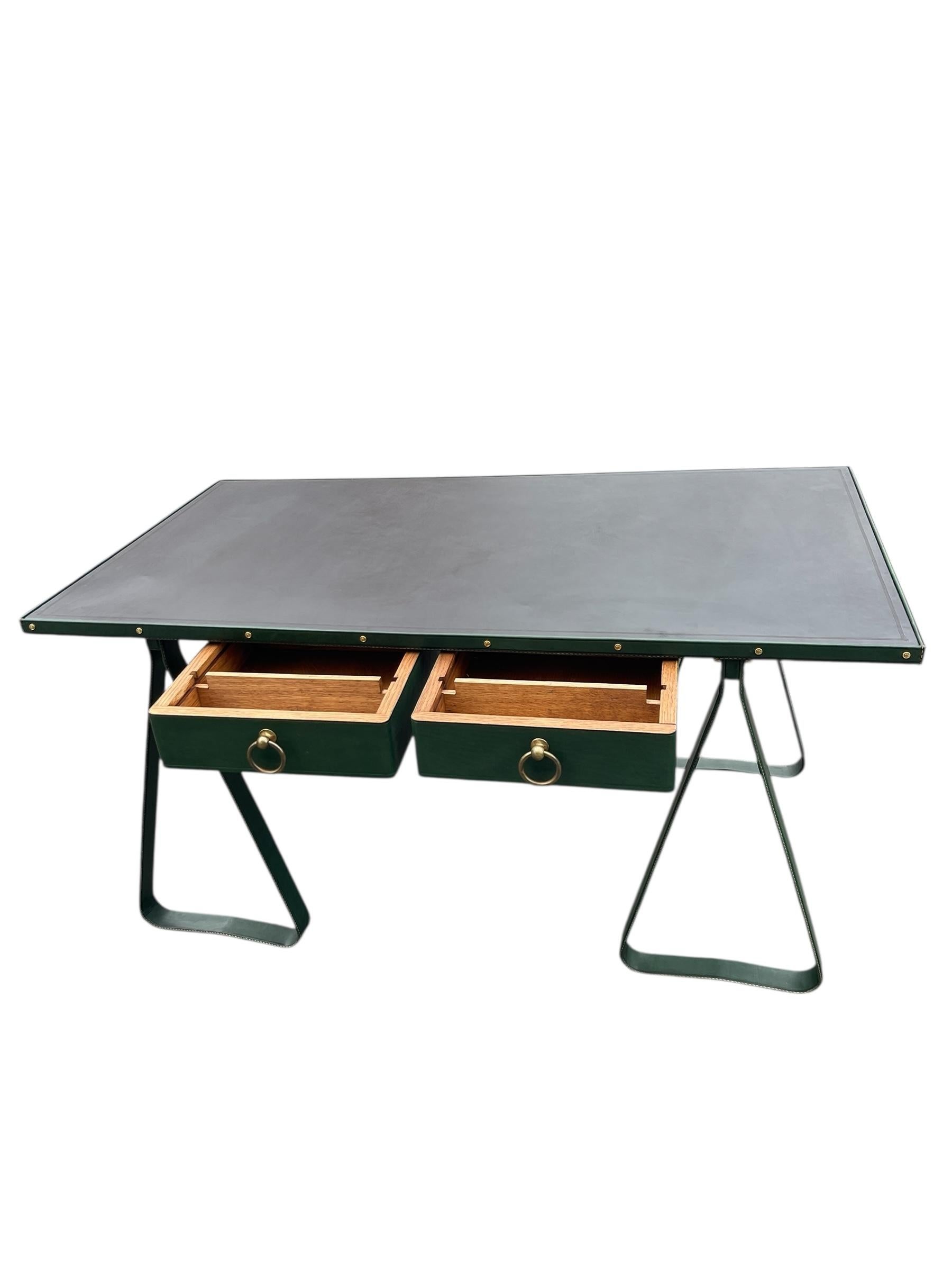 1950's Stitched leather desk by Jacques Adnet For Sale 13