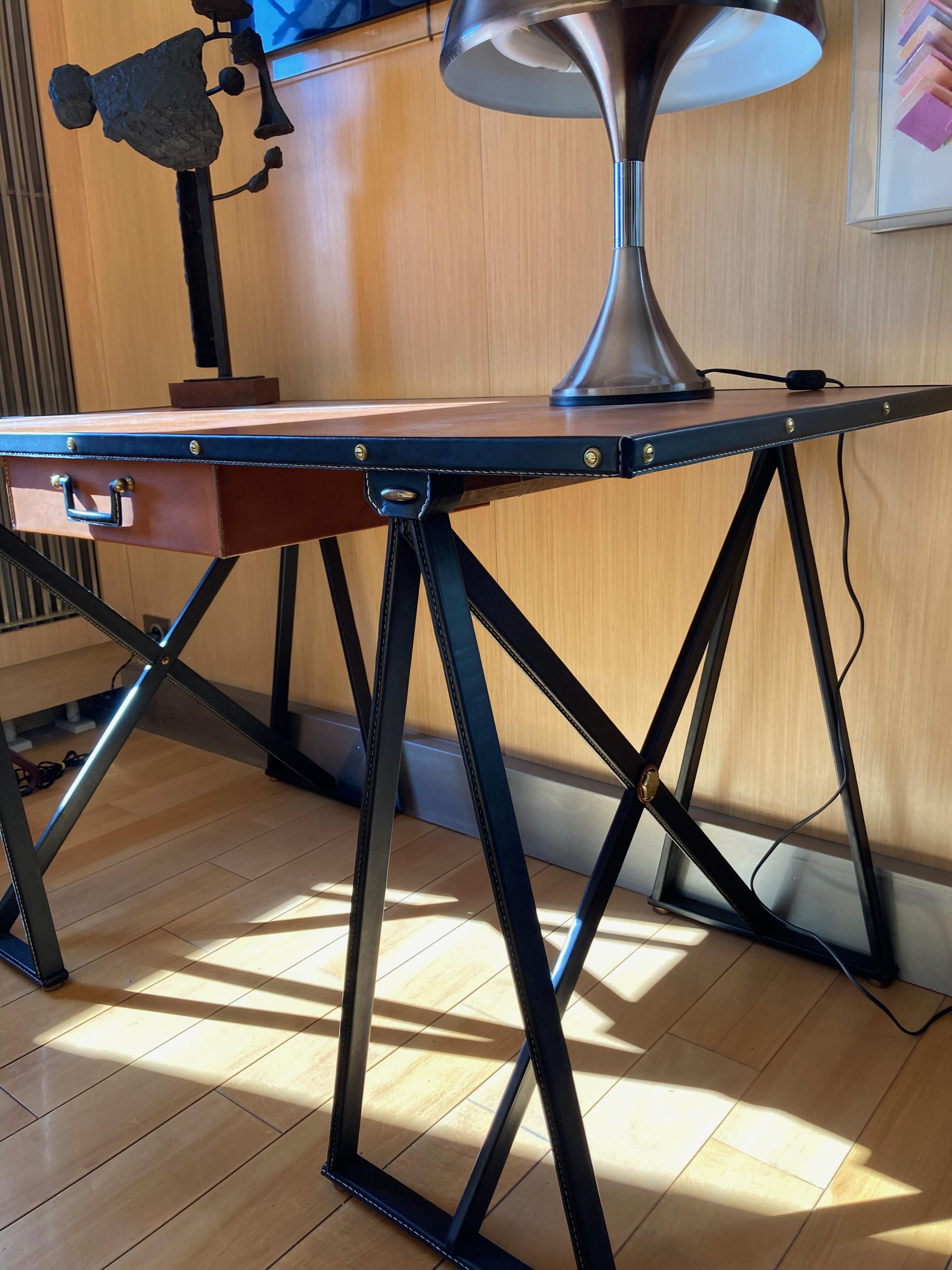 French 1950's Stitched Leather Desk by Jacques Adnet For Sale