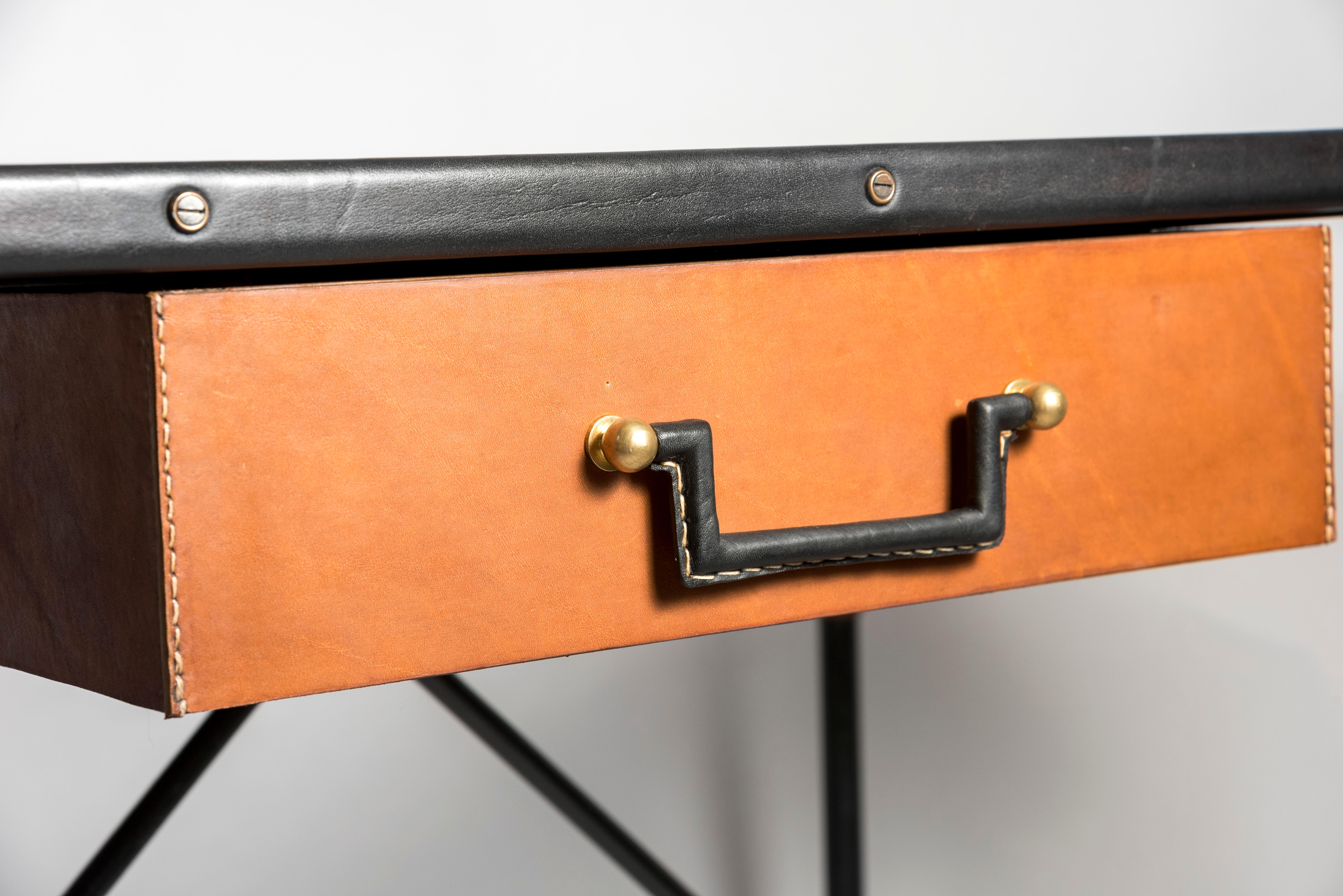 French 1950's Stitched Leather Desk by Jacques Adnet For Sale