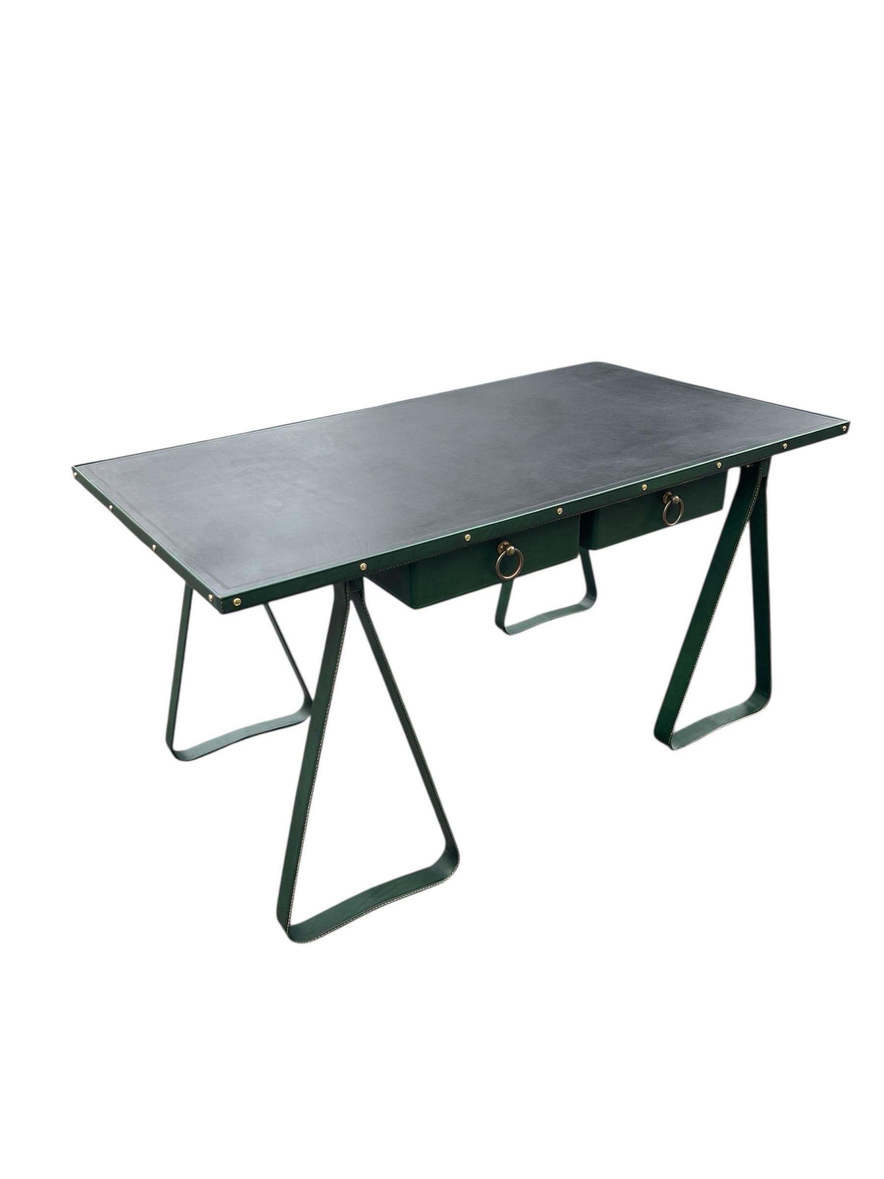 Mid-20th Century 1950's Stitched leather desk by Jacques Adnet For Sale