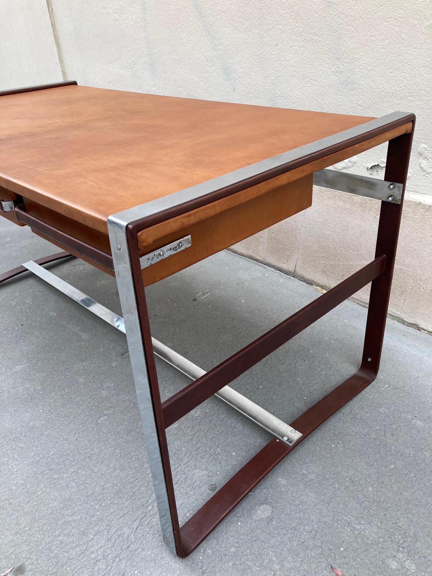 Mid-20th Century 1950's Stitched Leather Desk by Jacques Adnet For Sale