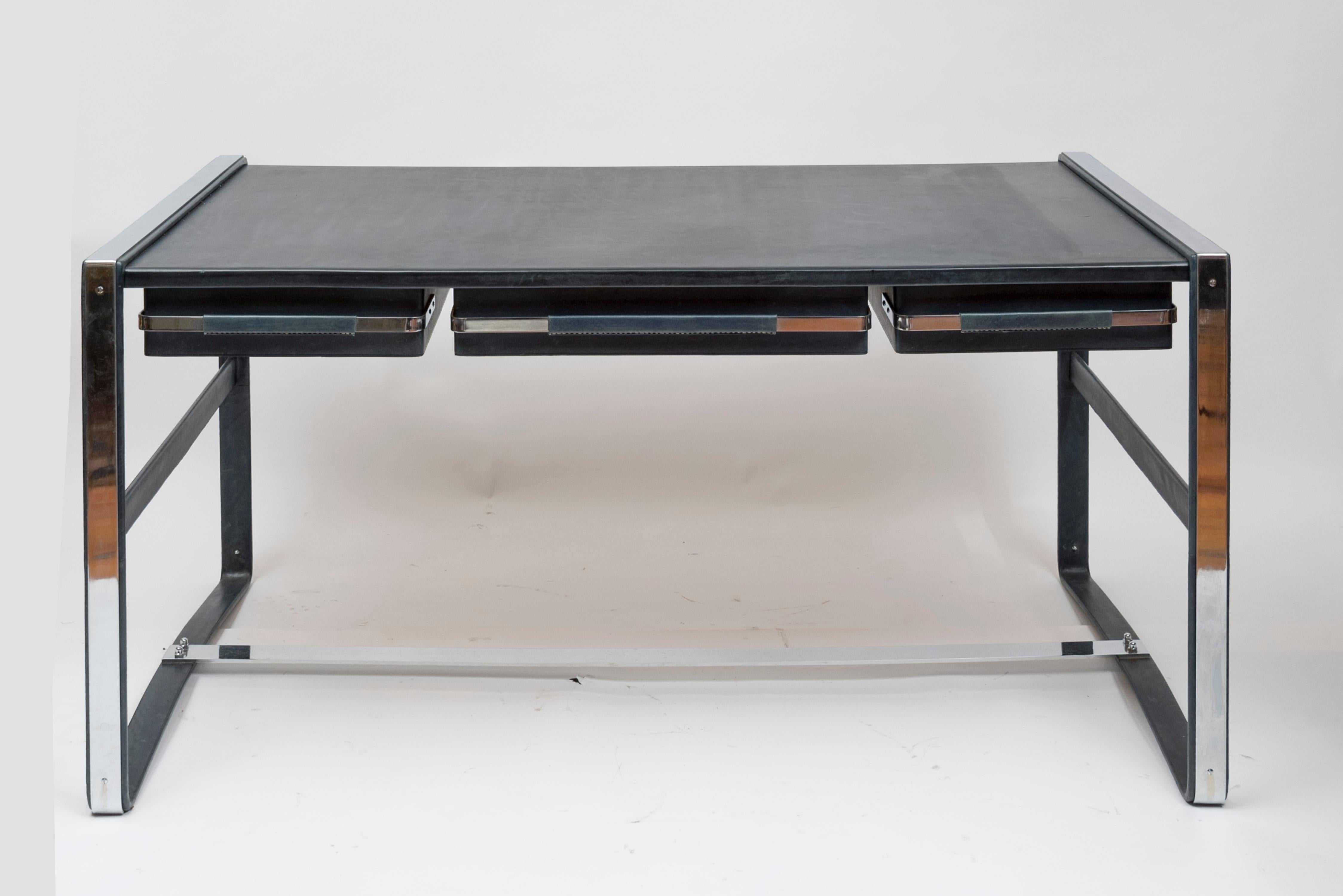 Mid-20th Century 1950's Stitched Leather Desk by Jacques Adnet For Sale