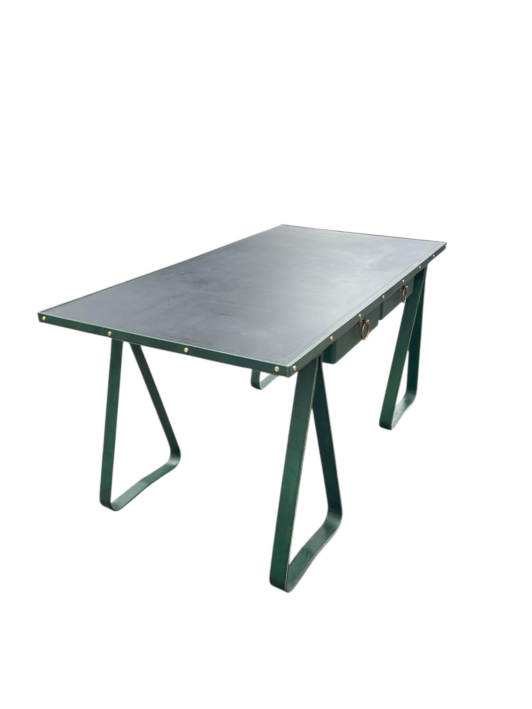Bronze 1950's Stitched leather desk by Jacques Adnet For Sale