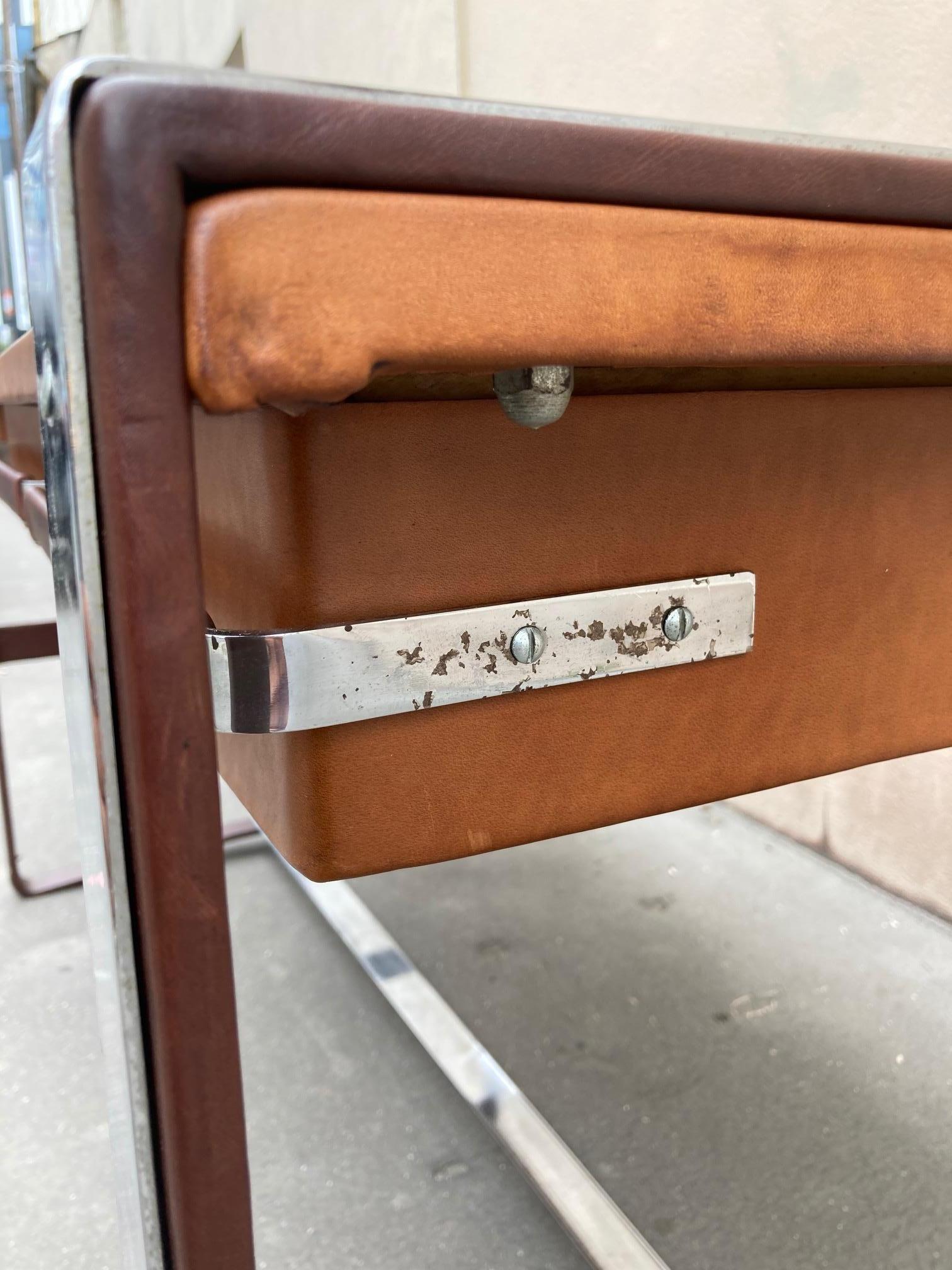 Metal 1950's Stitched Leather Desk by Jacques Adnet For Sale