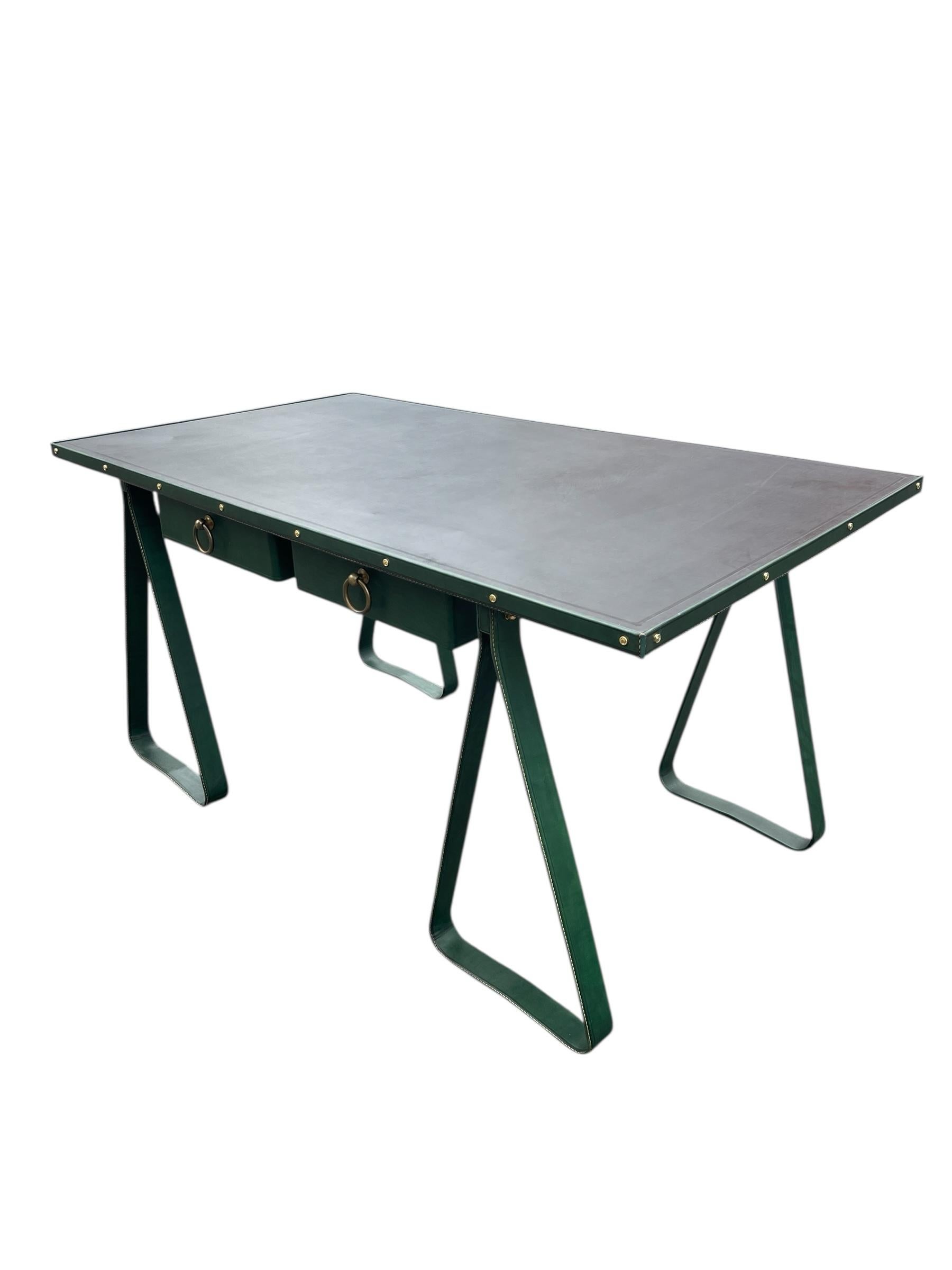 1950's Stitched leather desk by Jacques Adnet For Sale 1