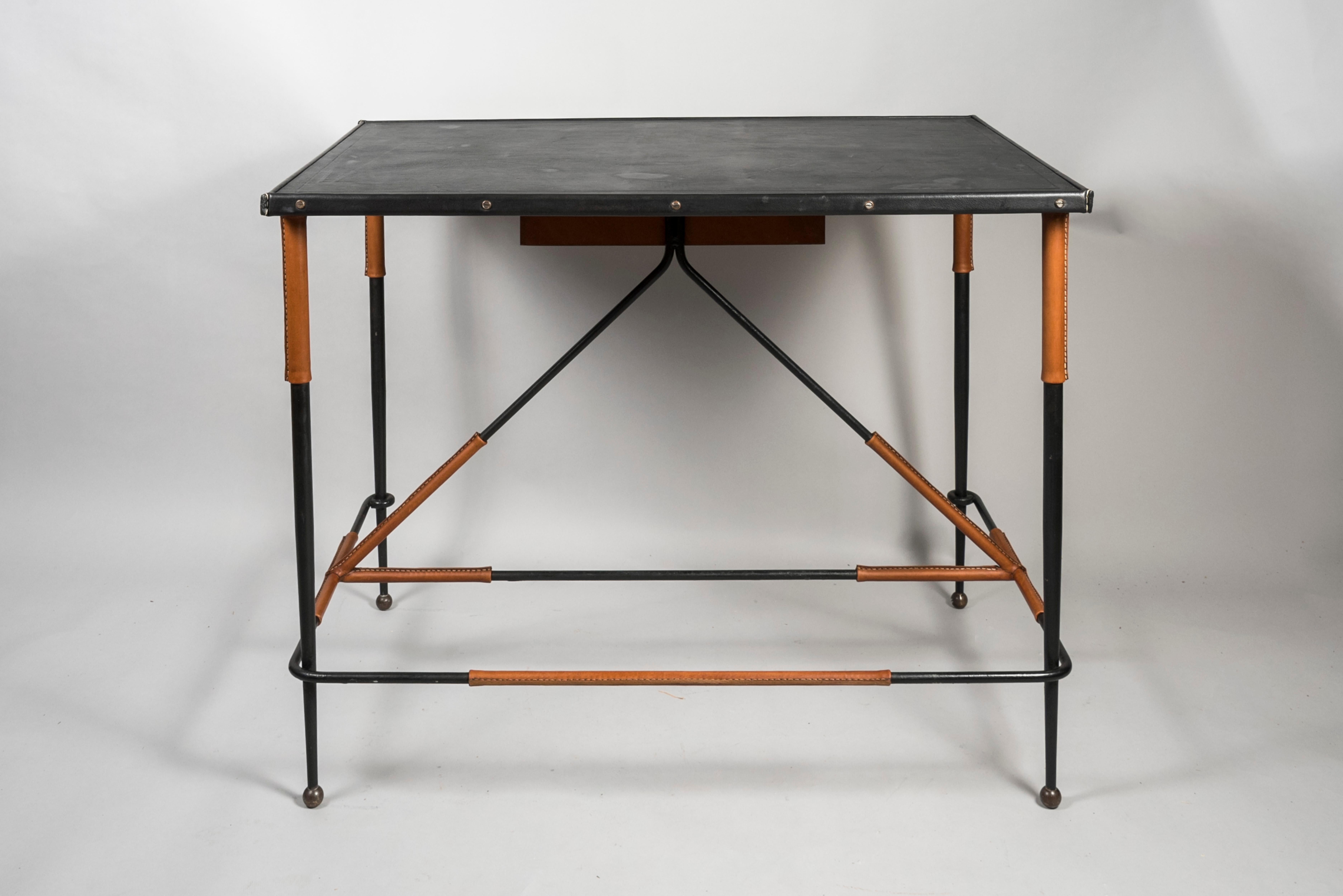 Metal 1950's Stitched Leather Desk by Jacques Adnet For Sale