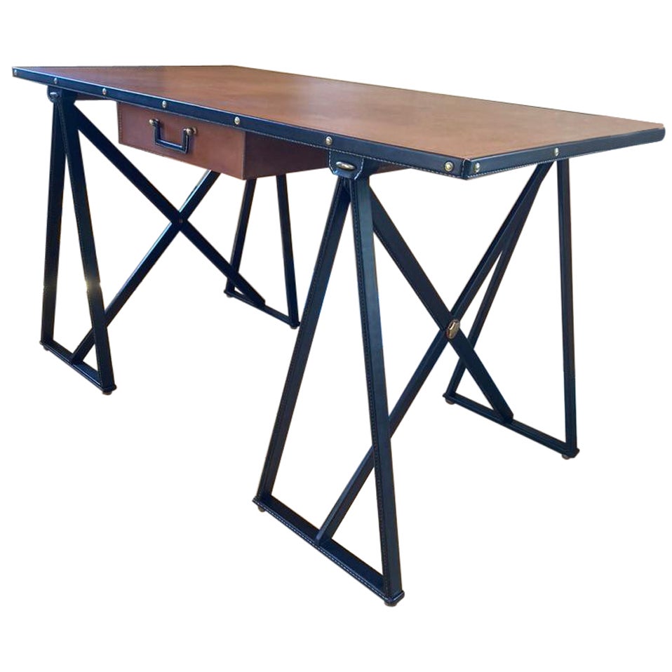 1950's Stitched Leather Desk by Jacques Adnet