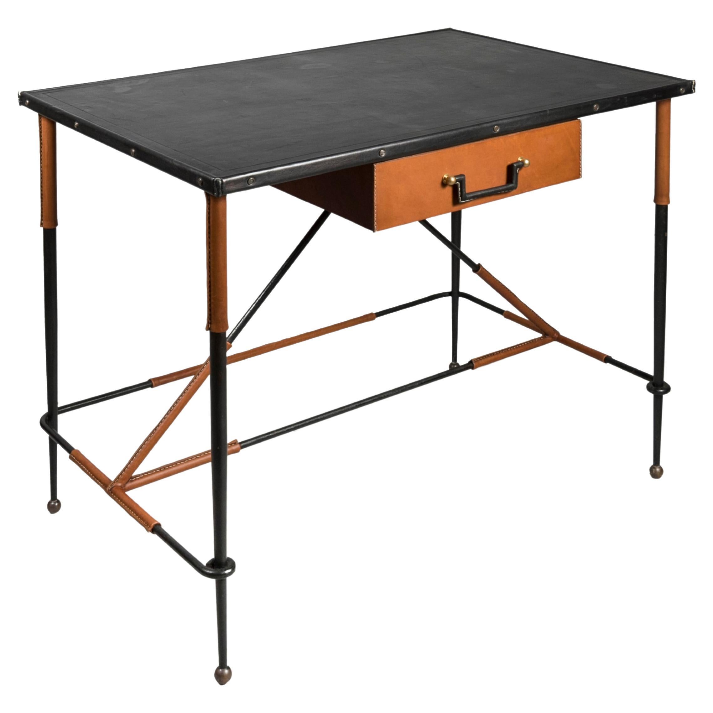 1950's Stitched Leather Desk by Jacques Adnet