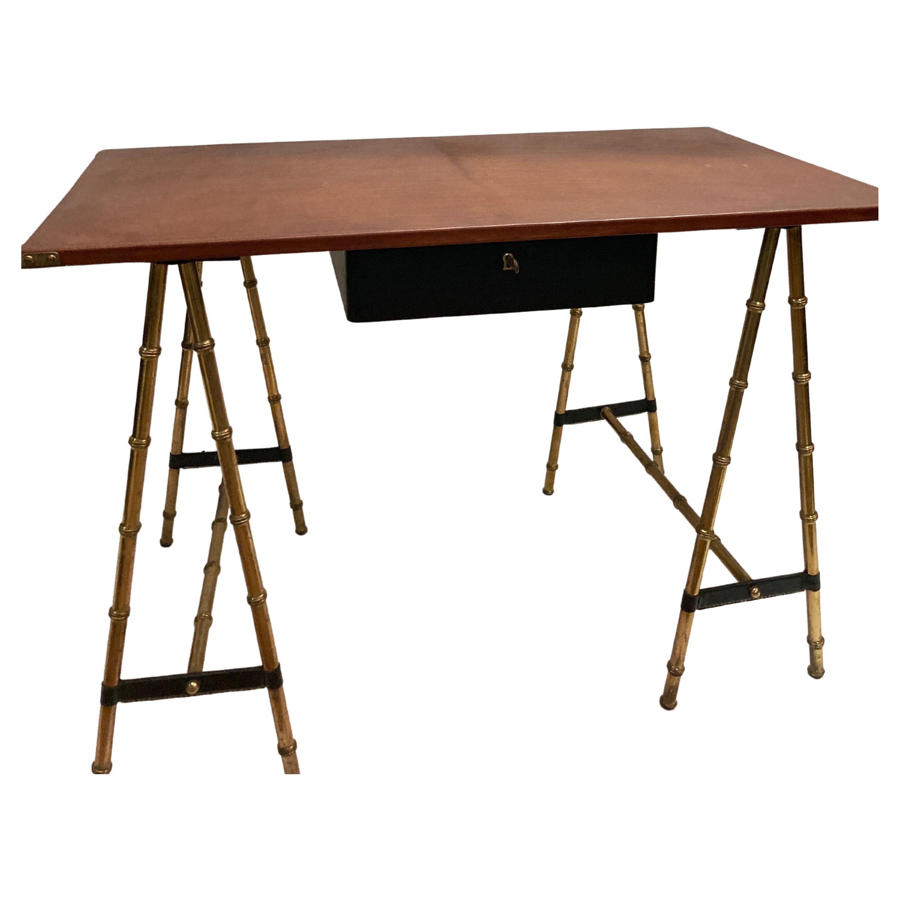 1950's Stitched leather desk by Jacques Adnet For Sale