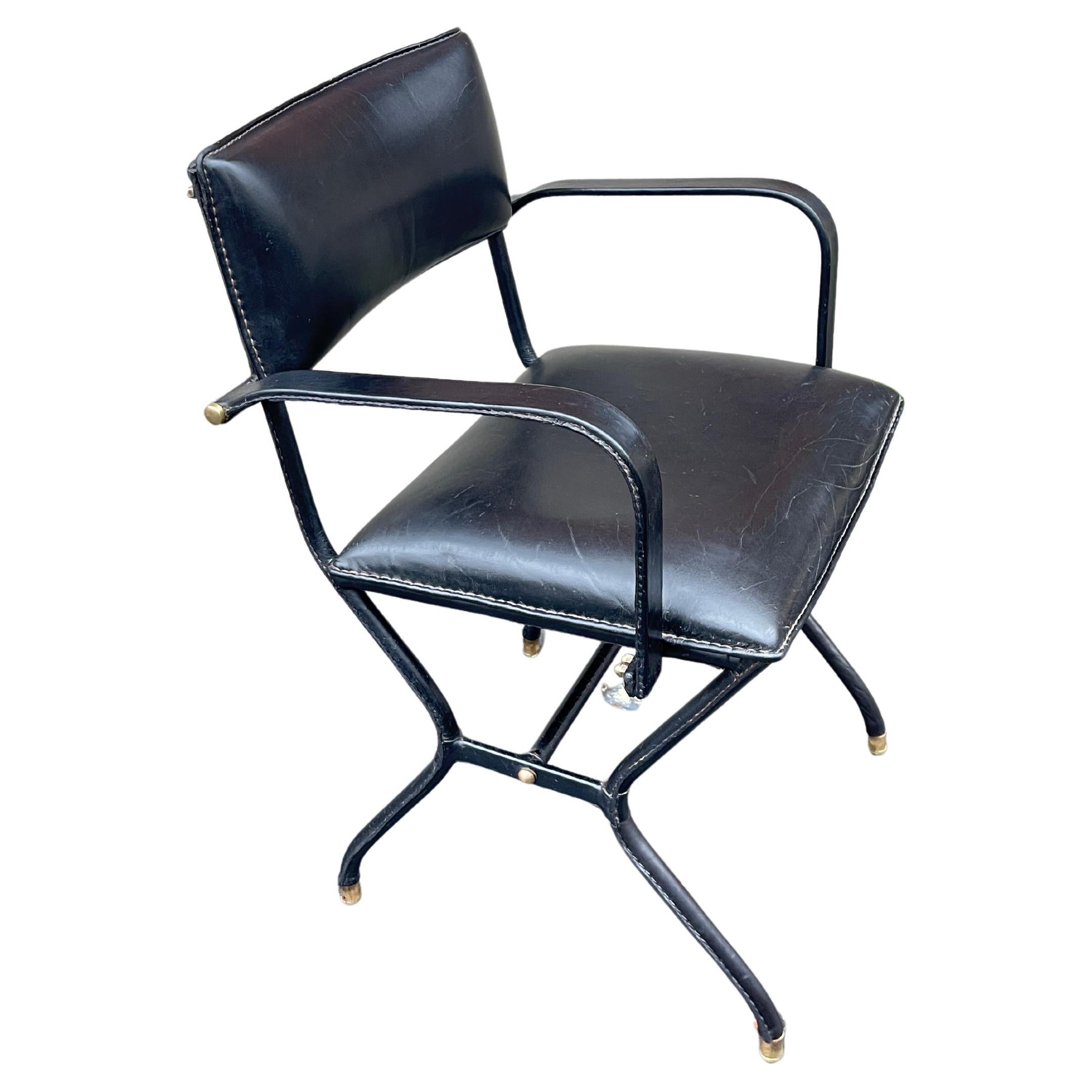 1950's Stitched leather " desk" or " bridge" chair by Jacques Adnet
