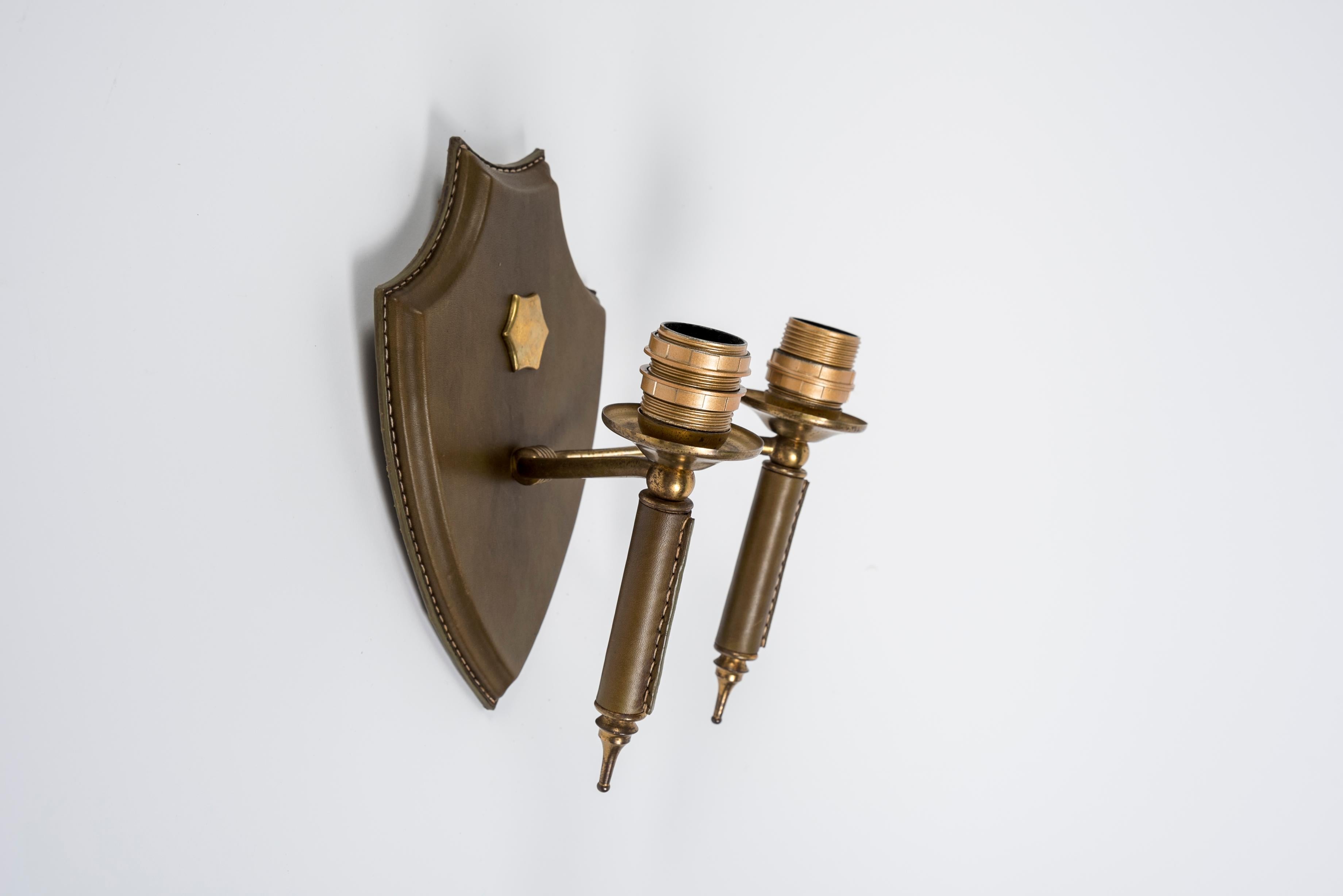 Brass 1950s Stitched Leather Double Light Sconces by Jacques Adnet For Sale