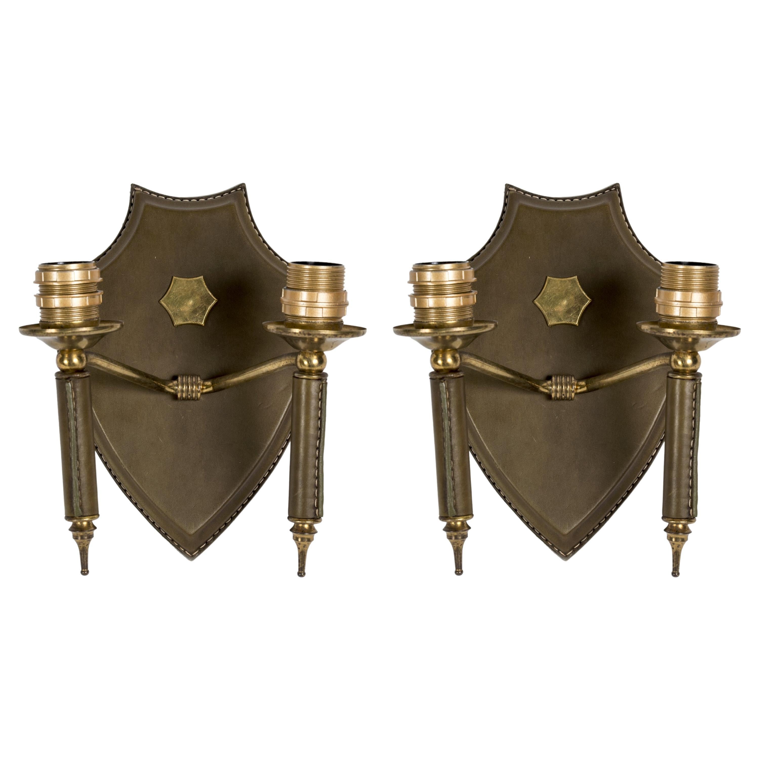 1950s Stitched Leather Double Light Sconces by Jacques Adnet For Sale